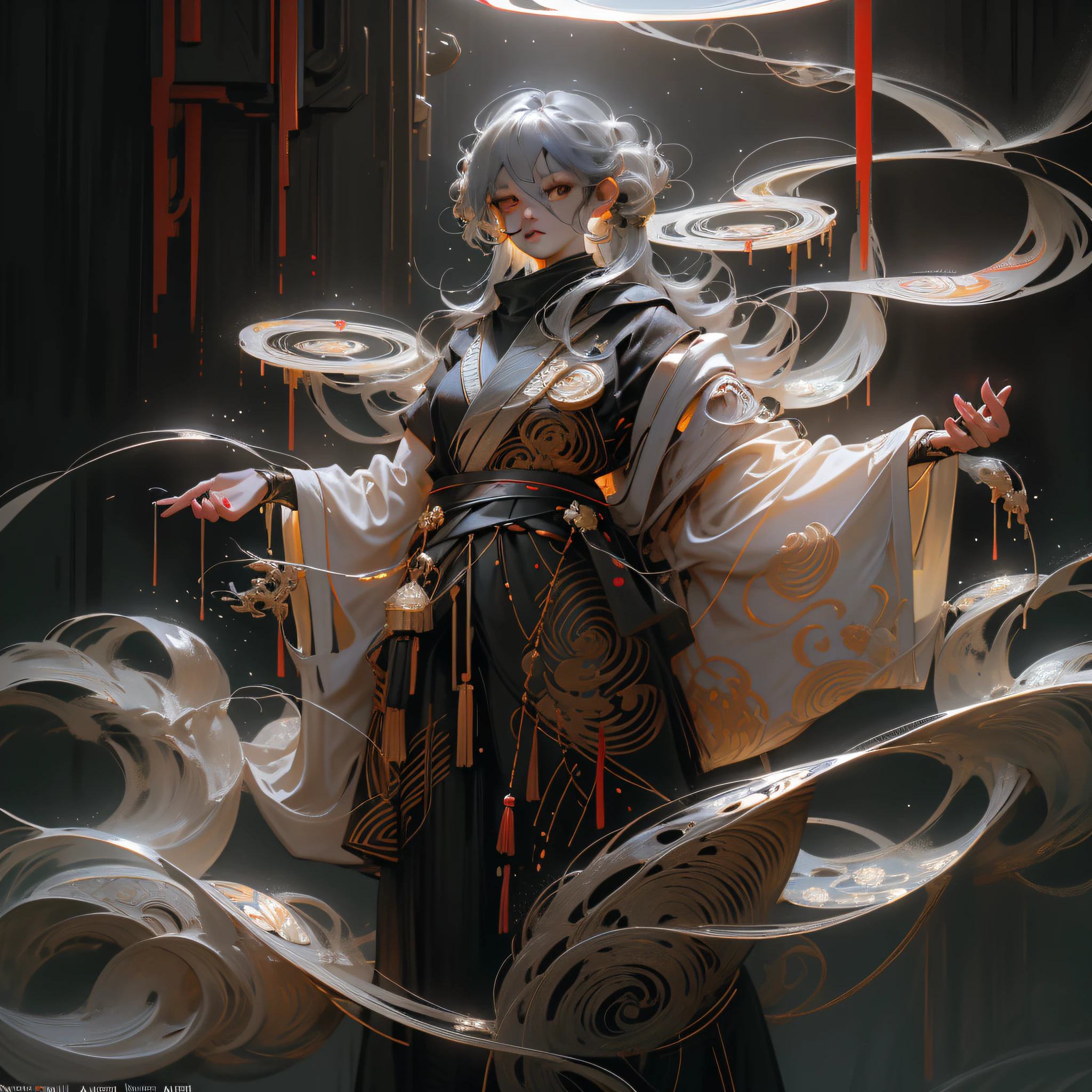 Intricate full body portrait of a humanoid porcelain doll swimming underwater, long silky carmin red hair floating under the water with glowing jellyfishes, detailed hair, she has silver and black snake skin, her face is cyberpunk styled with one huge red crystal eye on her forehead, minimal tattoed face, gradient silver and carmin red color scheme, very detailed face, open eyes, photorealistic, very detailed arms, full color photo, shot on Canon 5d, polaroid photo  --ar 3:4  --niji 5 --s 180