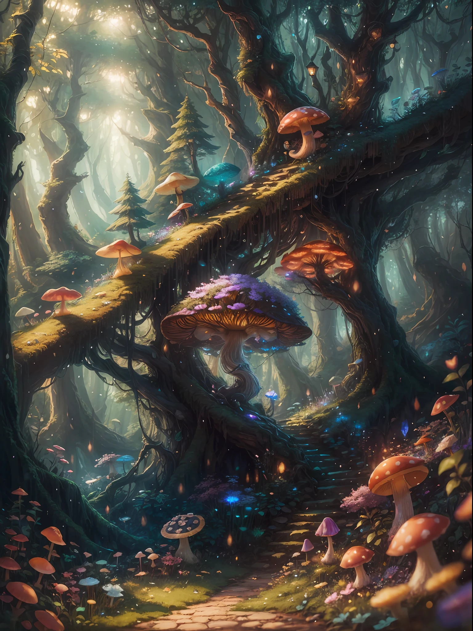 masterpiece, best quality, high quality,extremely detailed CG unity 8k wallpaper, An enchanting and dreamy scene of a fantasy forest, with towering trees, glowing mushrooms, and hidden fairy glens, creating a sense of mystique and enchantment, artstation, digital illustration, intricate, trending, pastel colors, oil paiting, award winning photography, Bokeh, Depth of Field, HDR, bloom, Chromatic Aberration ,Photorealistic,extremely detailed, trending on artstation, trending on CGsociety, Intricate, High Detail, dramatic, art by midjourney --auto --s2