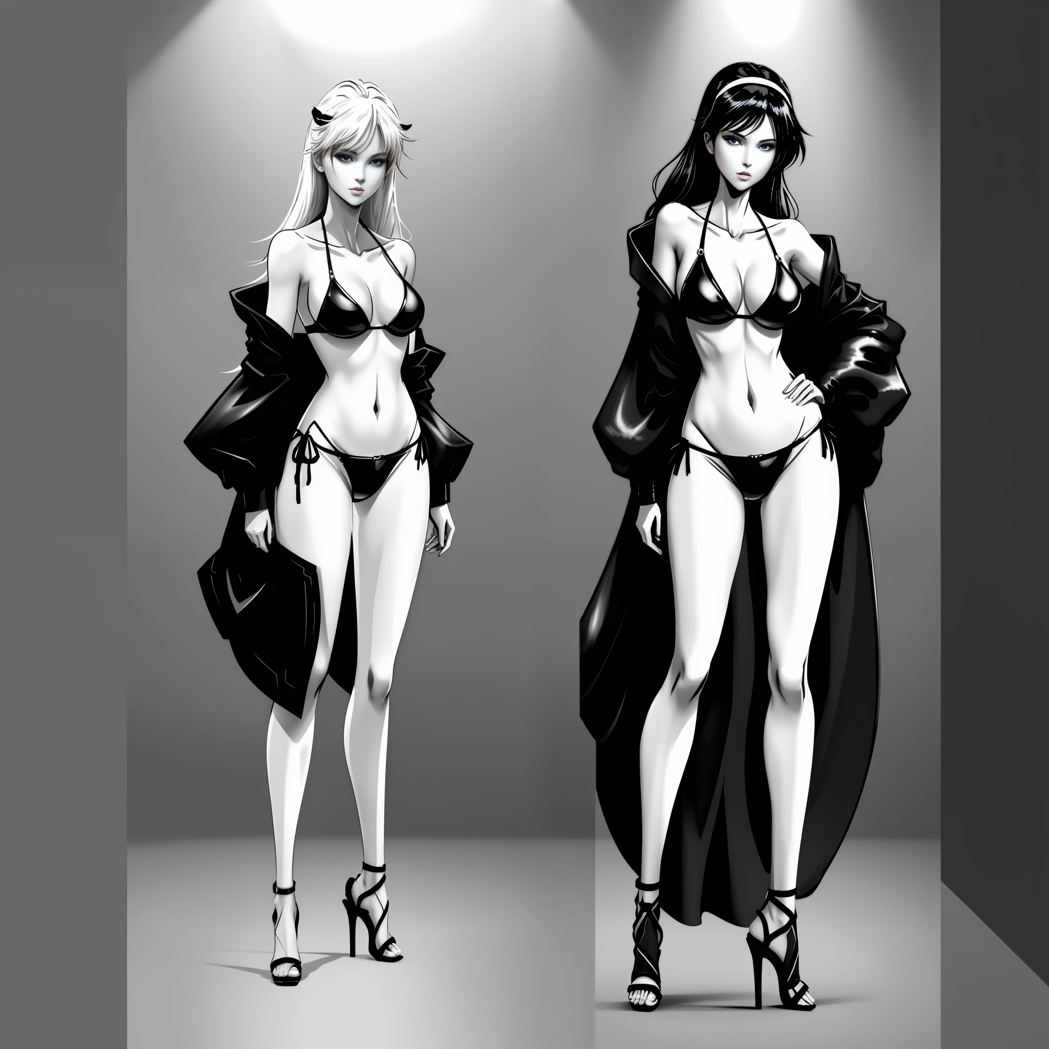 Black and white art, anime art, line art, a sexy female model standing in unreal space, 4k, silk bikini, thong crystal heels, delicate skin, long legs, tall figure, movie lights, full body