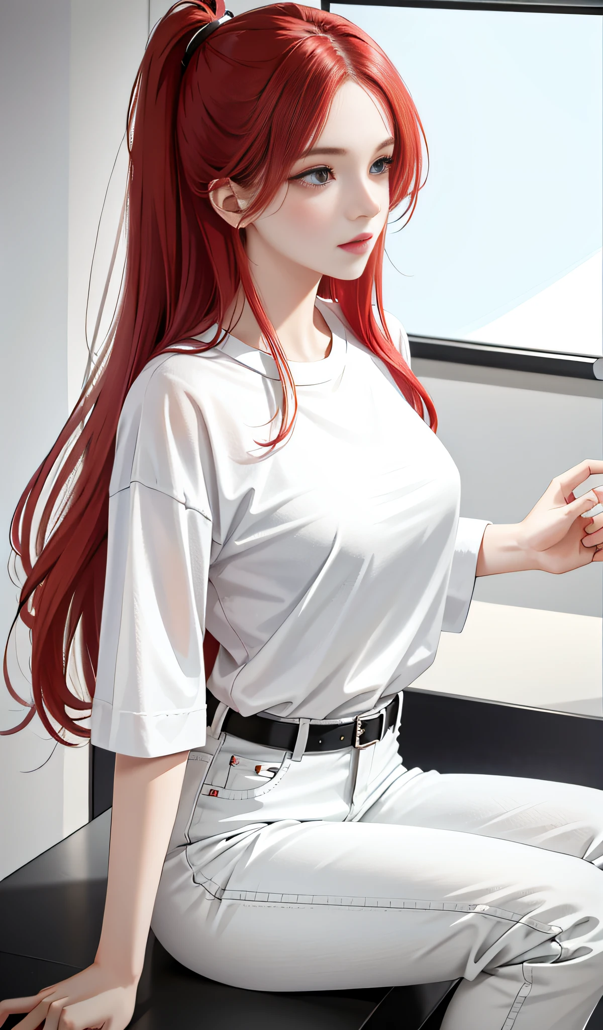 a woman in a white shirt and red pants is playing video game, simple style, wearing elegant casual clothes, muted red, simple clothes, milk and red style, casual clothing style, modern fashion outfit, wearing a fisher , casual modern clothing, inspo, red clothes, red pants, neutral tones, rred and white color scheme, casual business outfit, scary face, nike shoes, 22 years old, adult face, long hair, ((red hair))