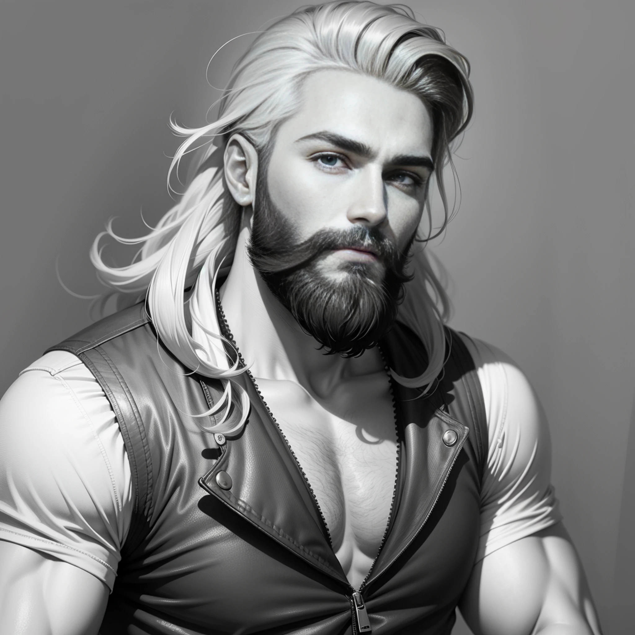 Young man with beard, short black hair, sketch art style, gray, monochrome, ((solo))