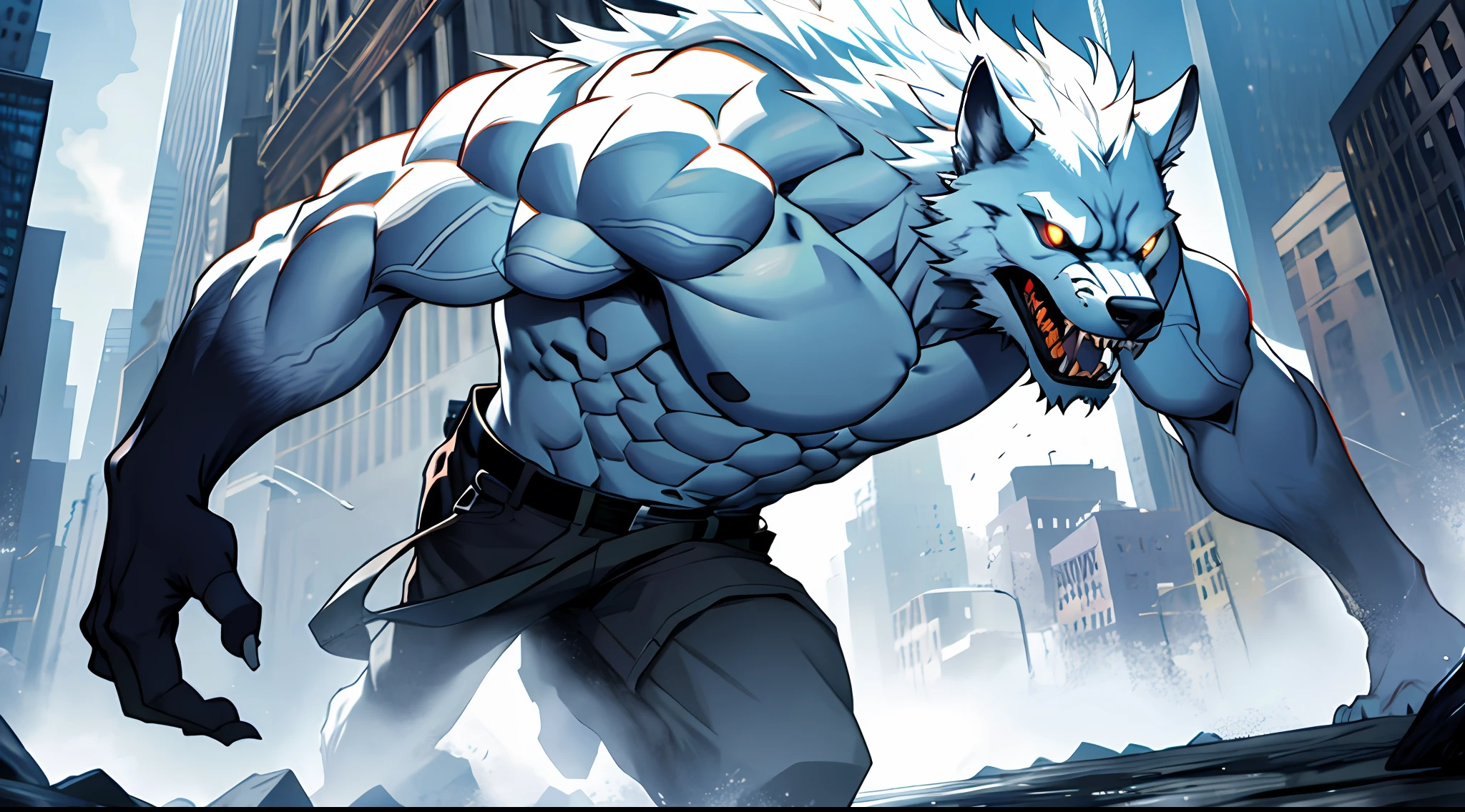 a white werewolf in frenesi, fierce face, ferocious, monstrous, in New York