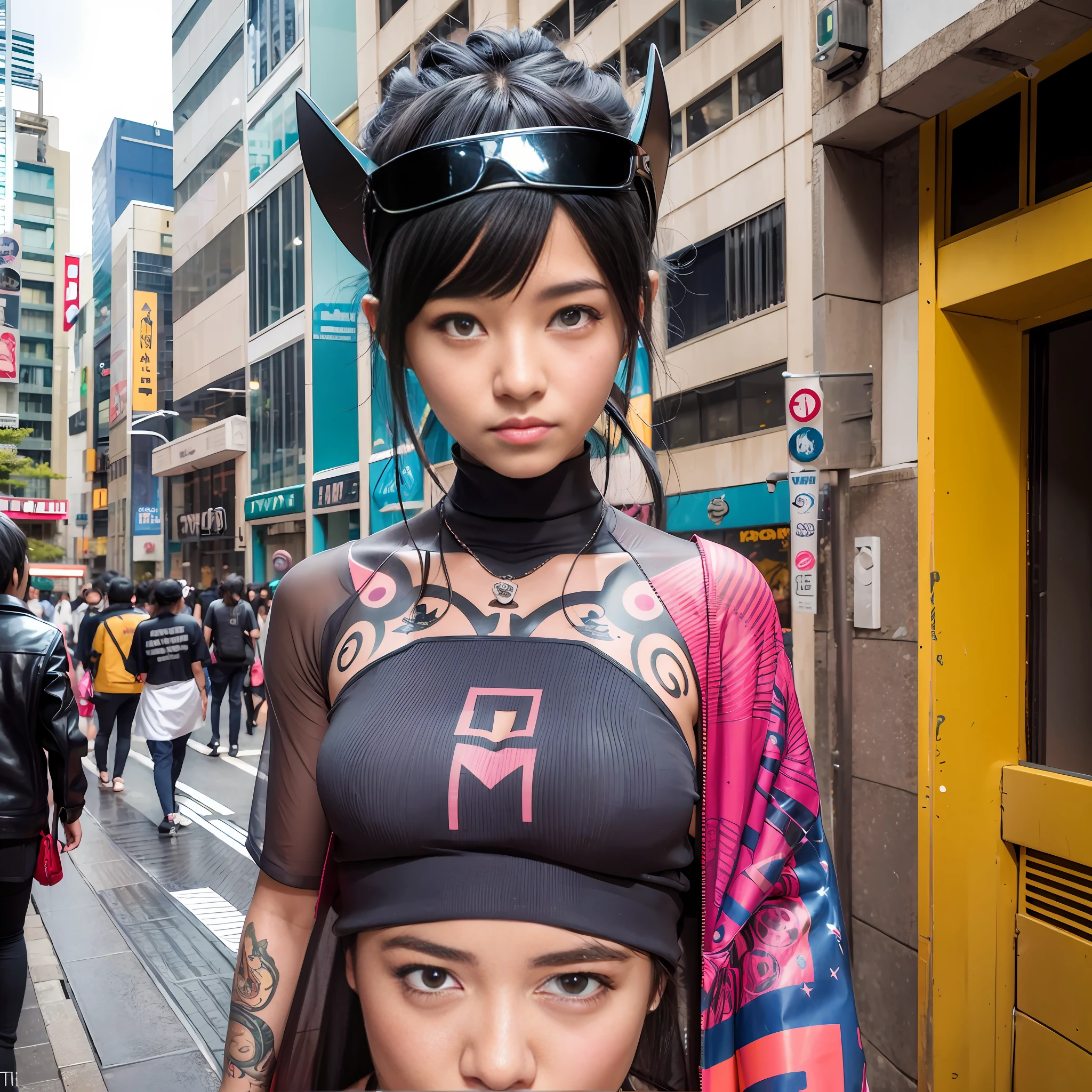 Near future, futuristic city, cartoon cowboy bebop worldview, harajuku system, gal, snapshot, novel, wacky, harajuku gal, neo harajuku, fashion icon, cool woman, cute woman, one, street model, lonely, tattooed