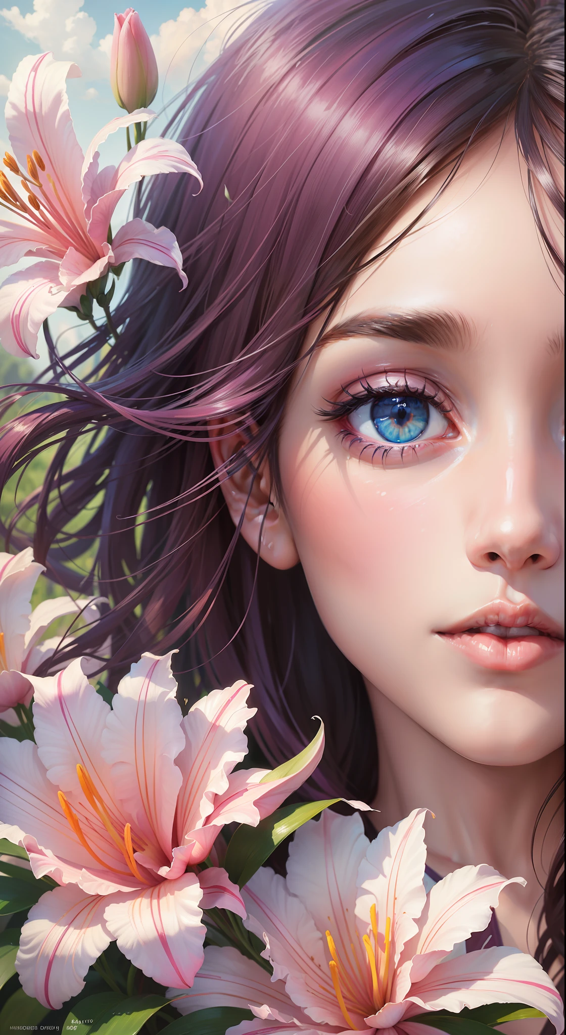 (High resolution: 1.1), Best quality, (Masterpiece: 1.2), Vivid colors, digital painting, pink lilies, natural beauty, blue sky, close-up