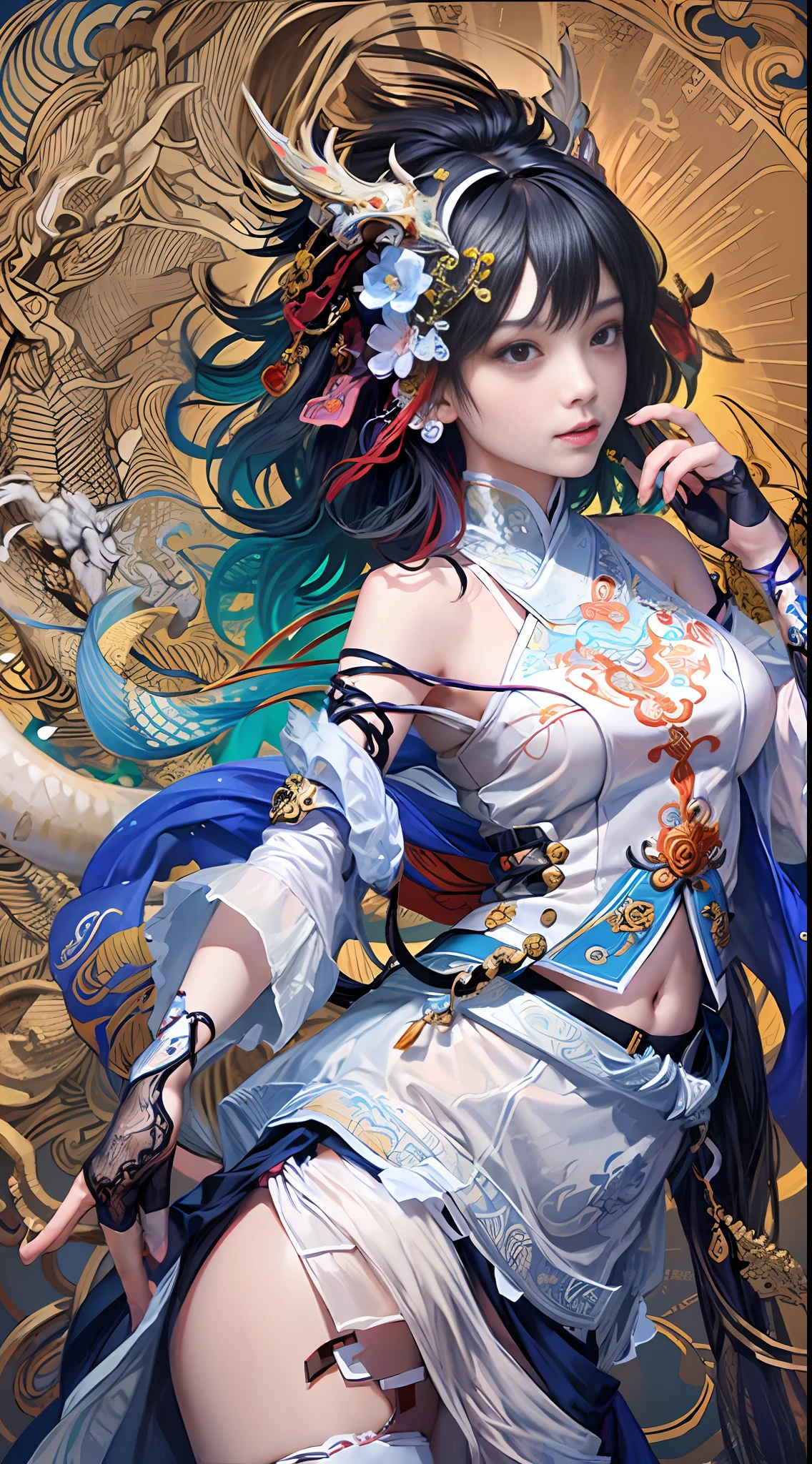 Official Art, Unified 8K Wallpapers, Ultra Detailed, Beautiful and Aesthetic, Masterpiece, Best Quality, (Zentangle, Tangle, Entangle), (fractal art: 1.4), (character center: 1.3), 1girl, black hair, Chinese, off-the-shoulders, short skirt, calf, navel, very detailed, dynamic angle, cowboyshot, (most beautiful form of chaos), ethereal, (bright colors), oc, (half: 1.2), china, (thangka flying sky: 1.5), (ribbon: 1.3), (dream: 1.5), (hanfu: 1.5), Chinese dragon, Chinese phoenix, (smile: 0.5), ( Chinese deities),