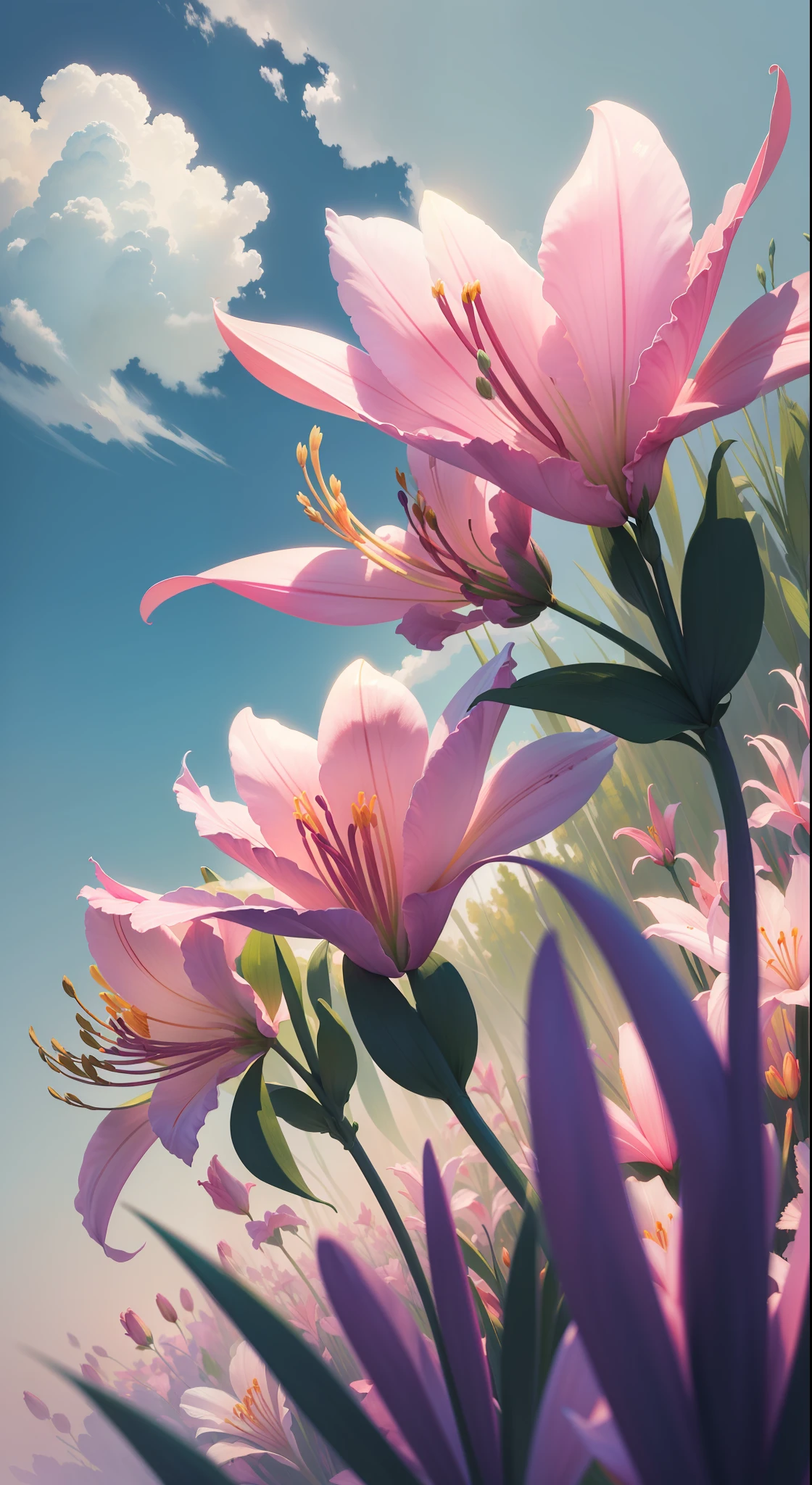 (High resolution: 1.1), Best quality, (Masterpiece: 1.2), Vivid colors, digital painting, pink lilies, natural beauty, blue sky, close-up