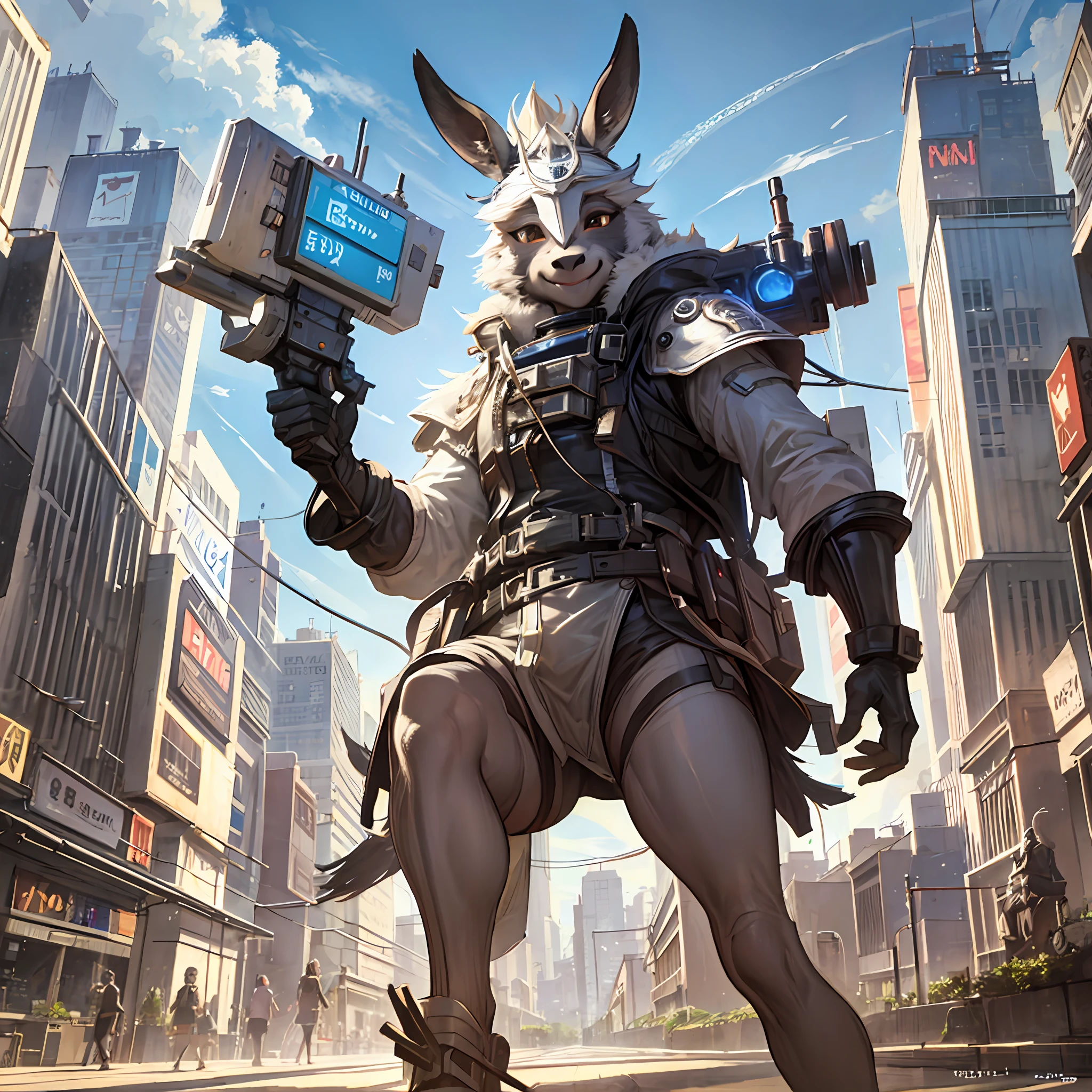 Donkey, smile, background futuristic city --auto --s2