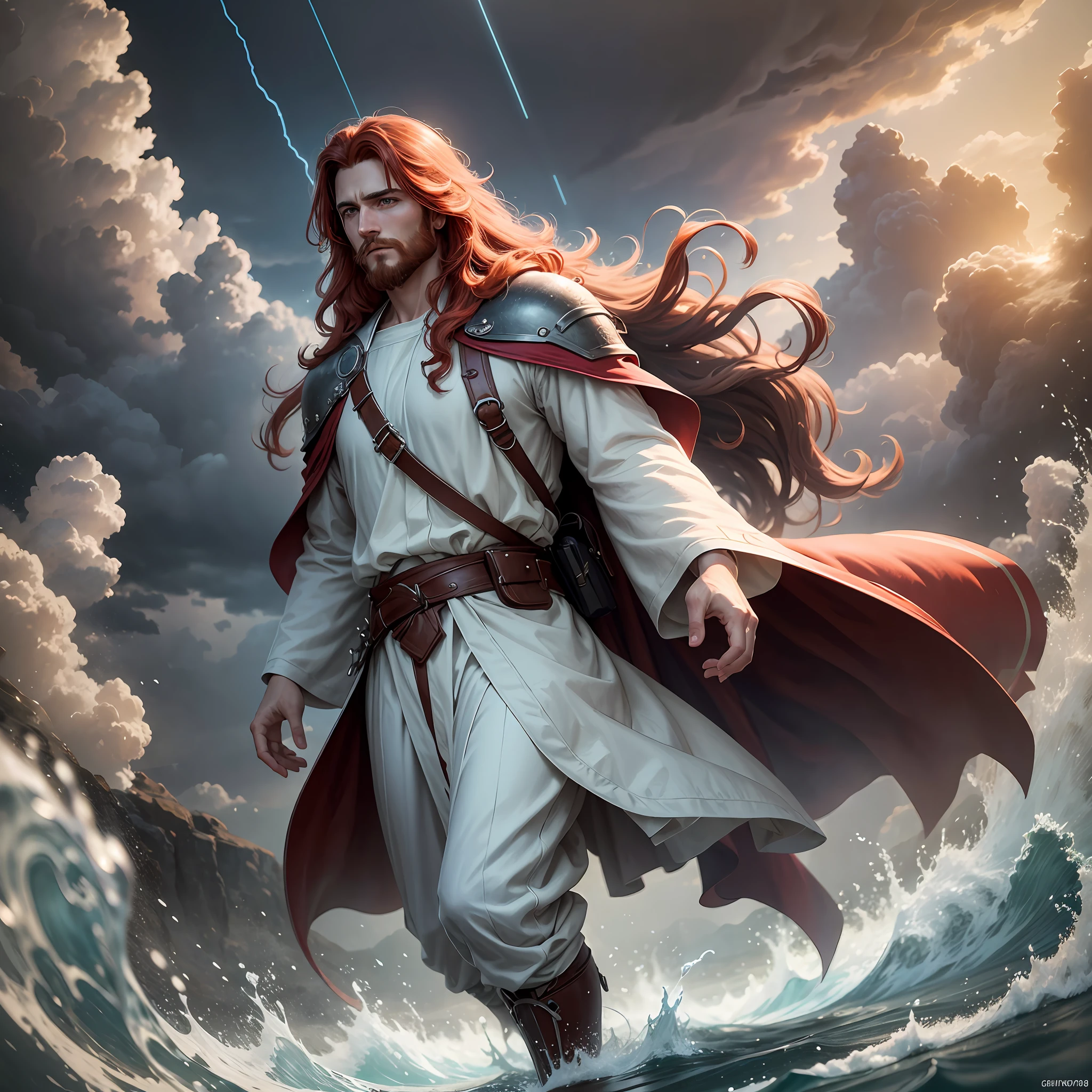 Jesus walking on water in a storm, gentle expression, streaks of light falling from the sky, masterpiece, highest quality, high quality, highly detailed CG unit 8k wallpaper, award winning photo, bokeh, depth of field, HDR, flood, chromatic aberration, realistic, very detailed, art station trend, CGsociety trend, complex, high detail, dramatic, midway art, volumetric lighting, redhead, long-haired man Walking in the air --auto --s2