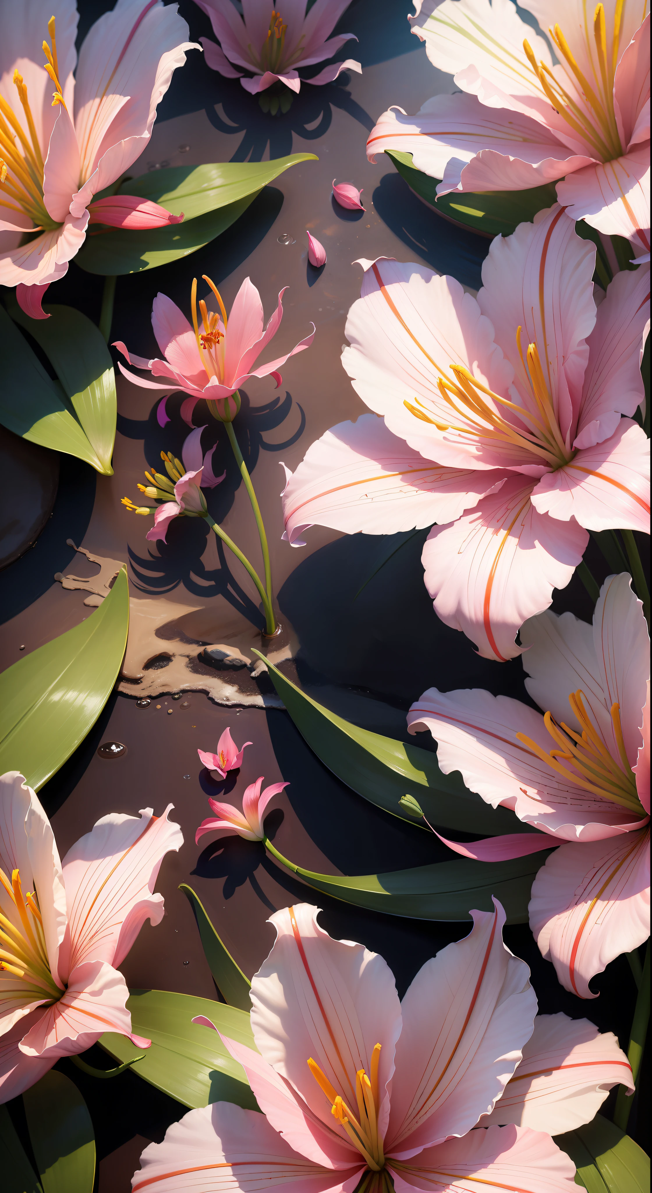 (High resolution: 1.1), Best quality, (Masterpiece: 1.2), Vivid colors, digital painting, pink lilies, natural beauty, blue sky, close-up