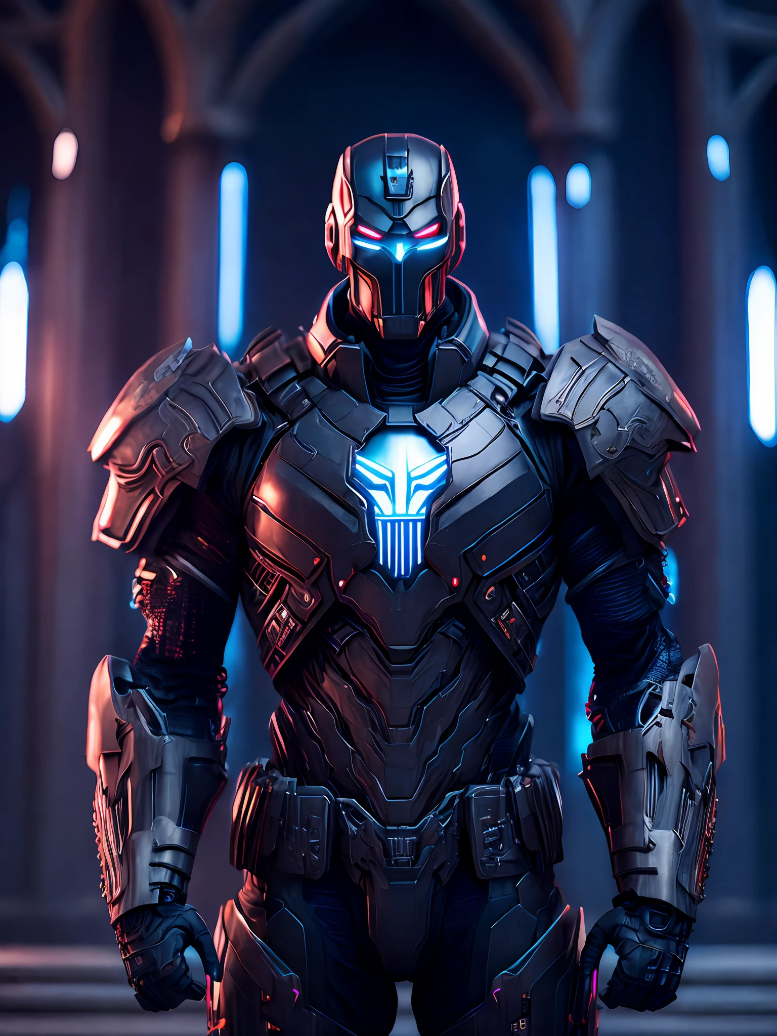 Portrait, Iron Punisher from Marvel, biomechanical, complex robot, full growth, hyperrealistic, insane small details, extremely clean lines, cyberpunk aesthetic, masterpiece unveiled at Zbrush Central, gothic brutalist cathedral, cyberpunk, award-winning photo, bokeh, neon lights, cybernetic limb