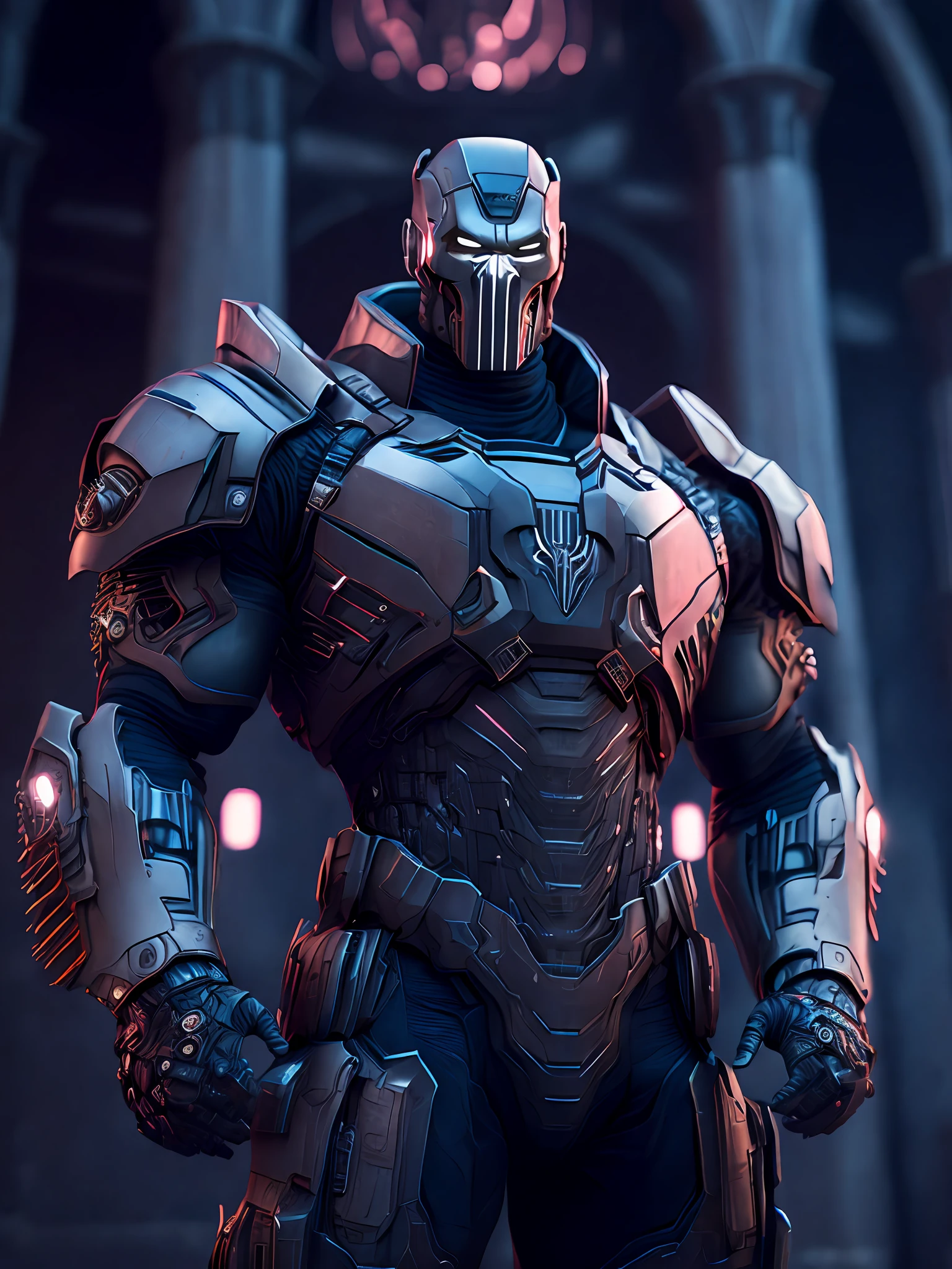 Portrait, Iron Punisher from Marvel, biomechanical, complex robot, full growth, hyperrealistic, insane small details, extremely clean lines, cyberpunk aesthetic, masterpiece unveiled at Zbrush Central, gothic brutalist cathedral, cyberpunk, award-winning photo, bokeh, neon lights, cybernetic limb