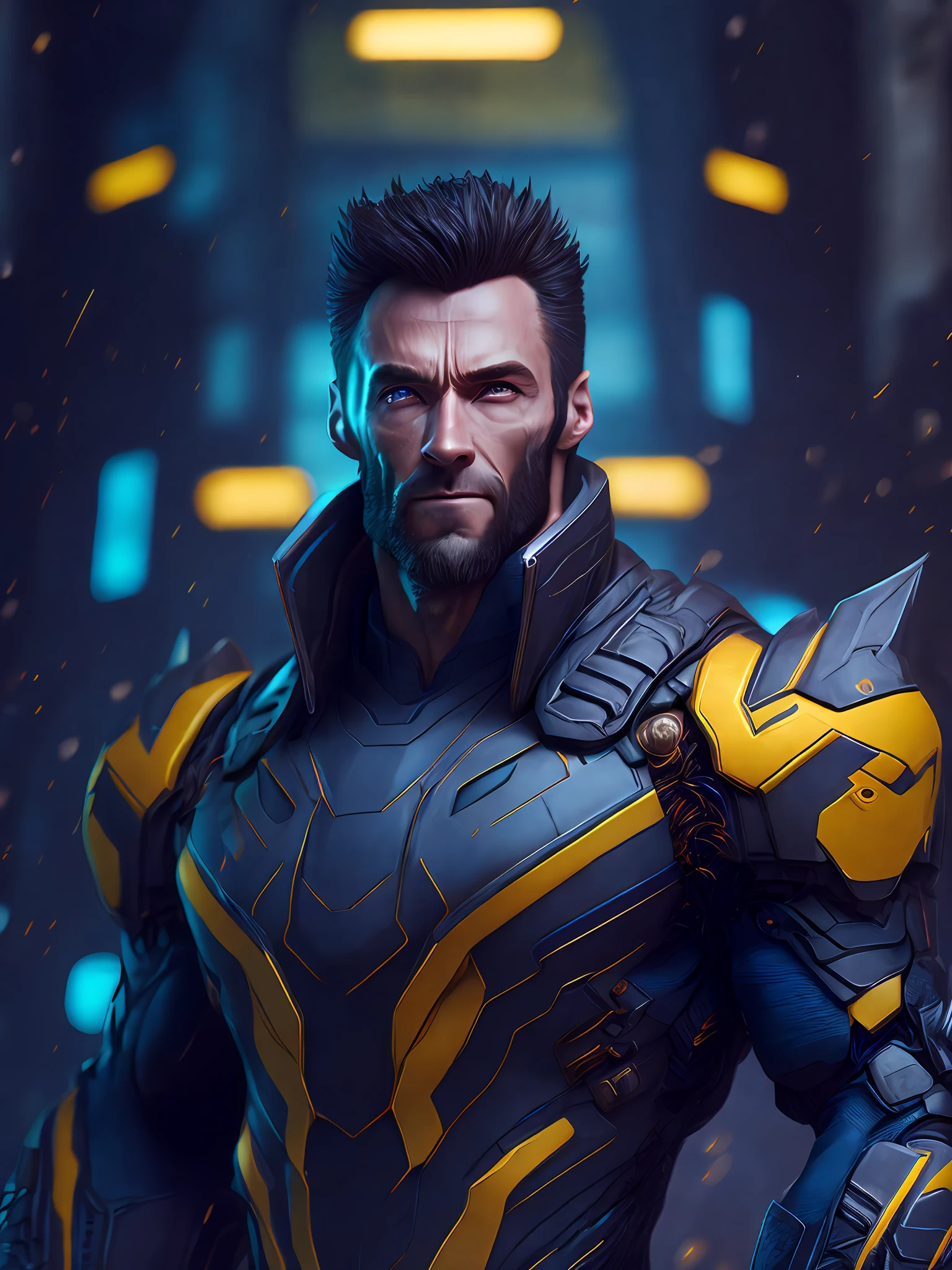 Portrait, Wolverine from Marvel, biomechanical, complex robot, full growth, hyper-realistic, insane small details, extremely clean lines, cyberpunk aesthetic, masterpiece featured on Zbrush Central, gothic brutalist cathedral, cyberpunk, award-winning photo, bokeh, neon lights, cybernetic limb