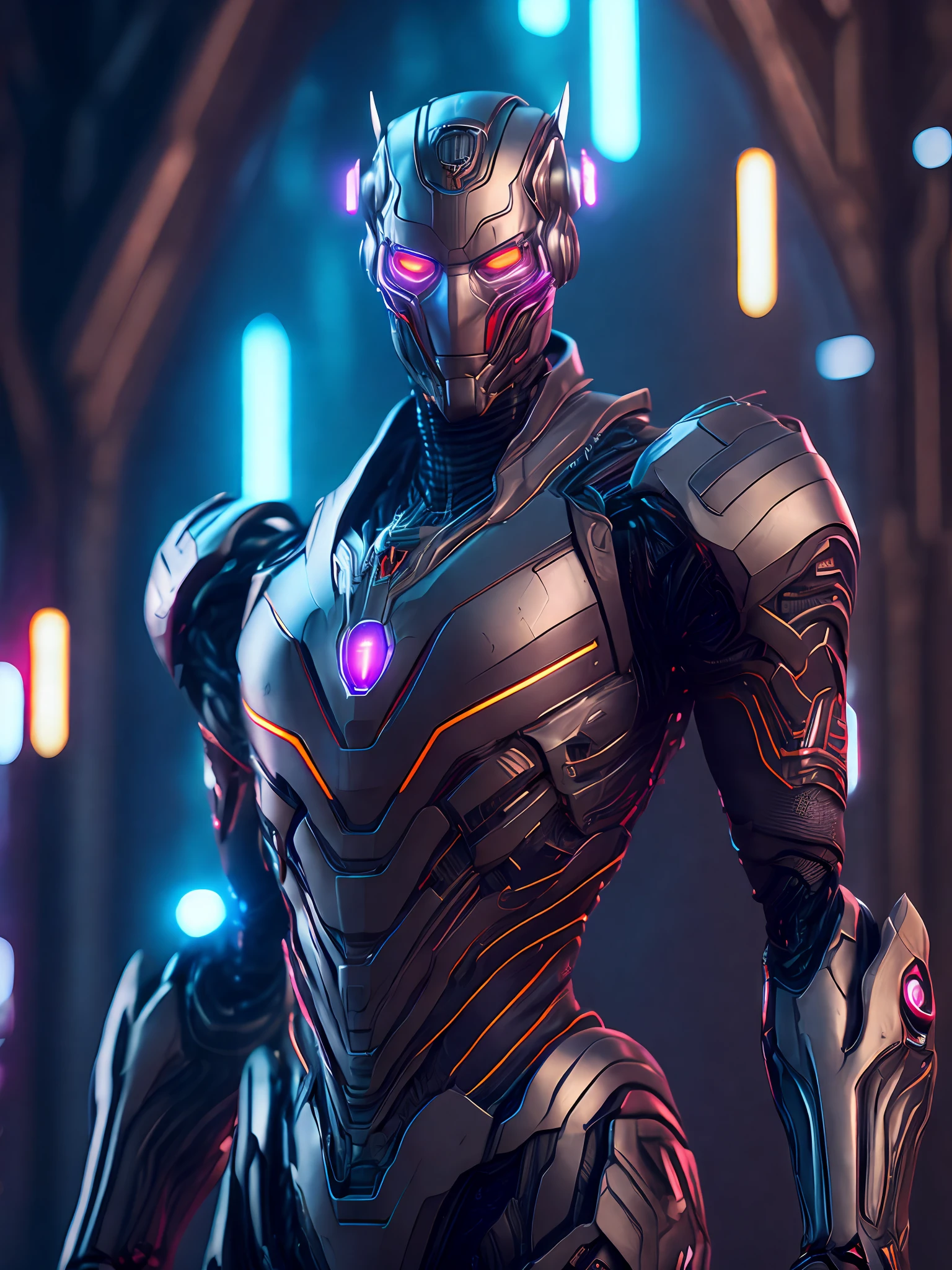 Portrait, Ultron from Marvel, biomechanical, complex robot, full growth, hyperrealistic, insane small details, extremely clean lines, cyberpunk aesthetic, masterpiece featured on Zbrush Central, gothic brutalist cathedral, cyberpunk, award-winning photo, bokeh, neon lights, cybernetic limb