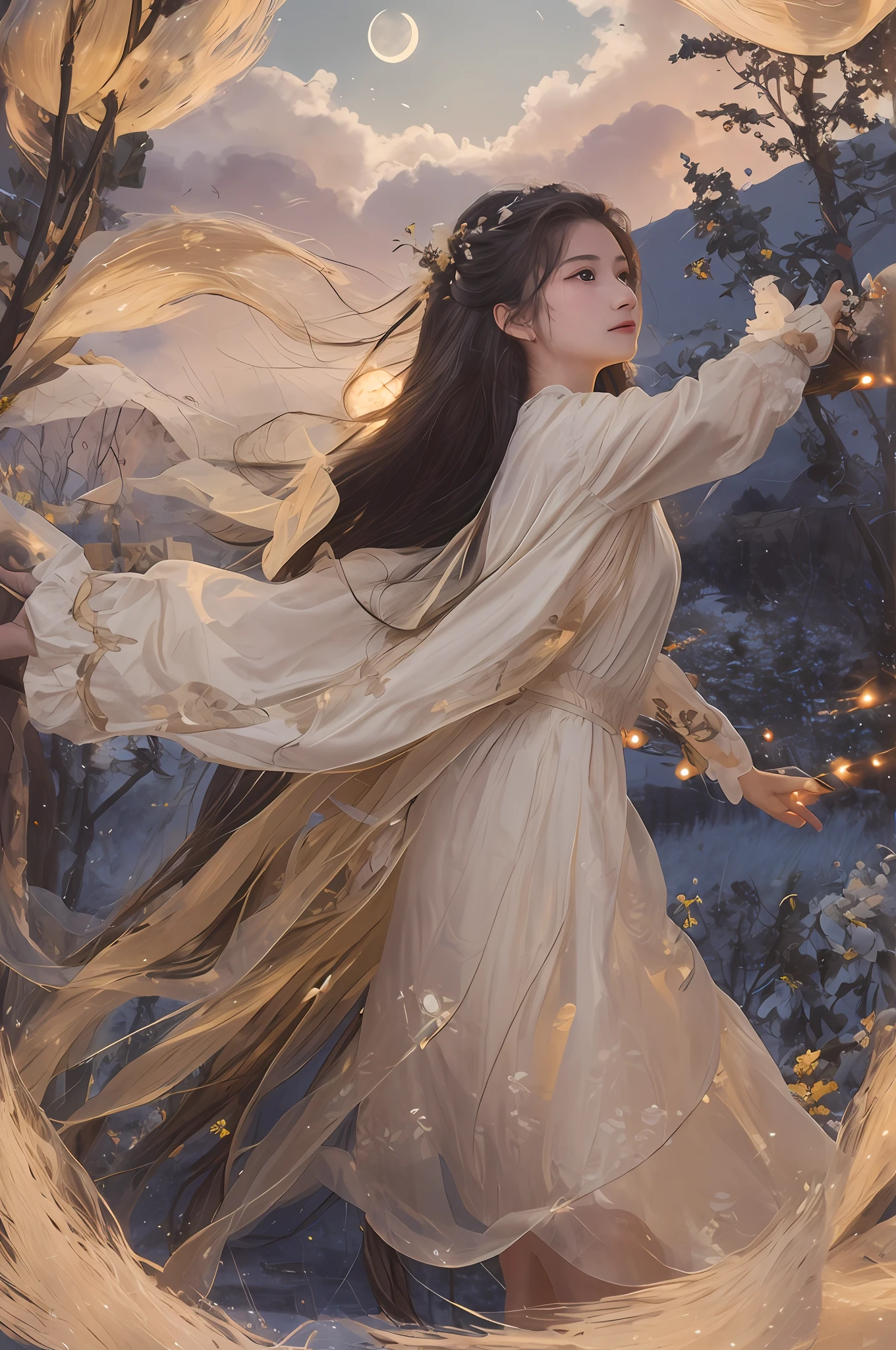Masterpiece, best quality, night, hills, clouds, full moon, long hair, woman, silhouette, firefly. Real people, real people