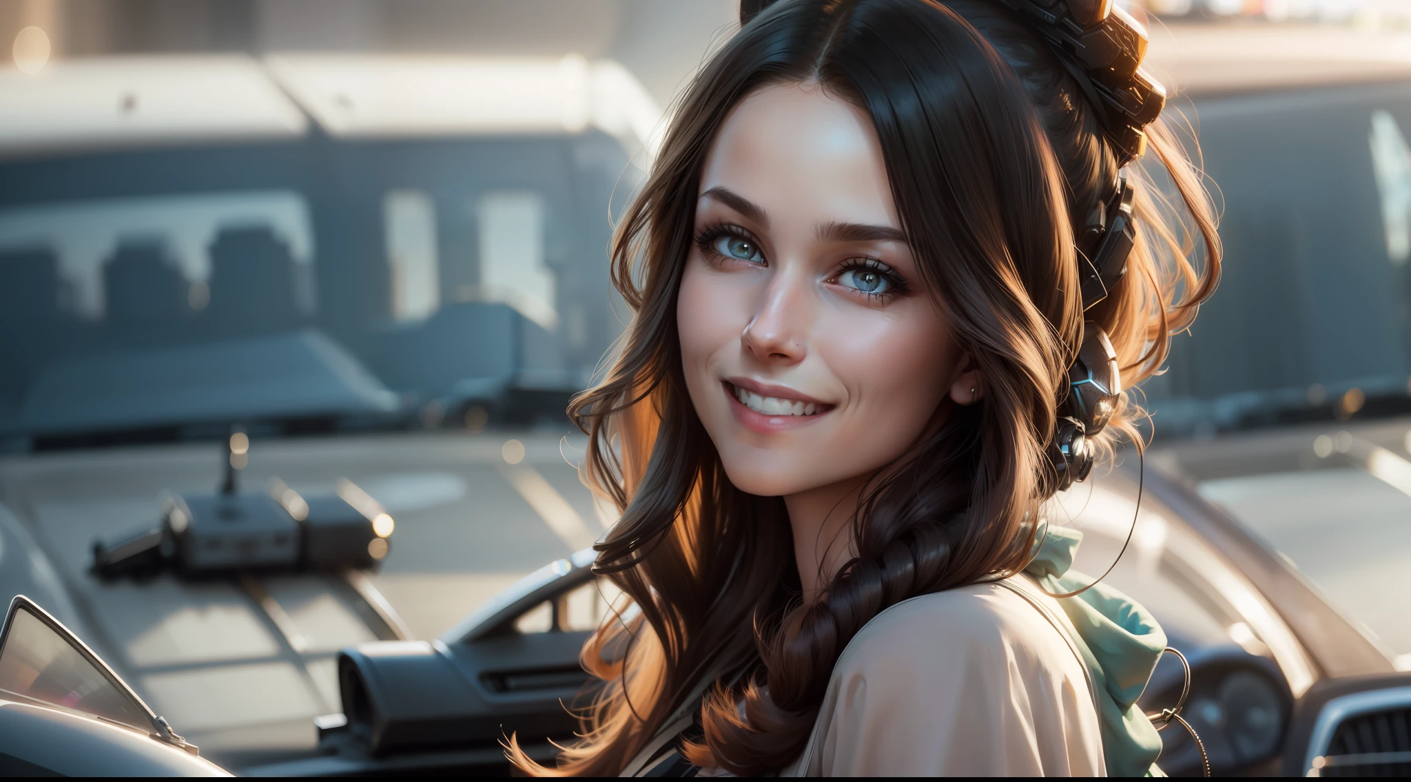 woman, (looking at viewer), (smiling: 1.1), (skindentation), cyberpunk environment, road, motor vehicle, standing, looking at viewer, referenced photo, best quality, ultra high res, (photorealistic: 1.4), (detailed face and eyes),