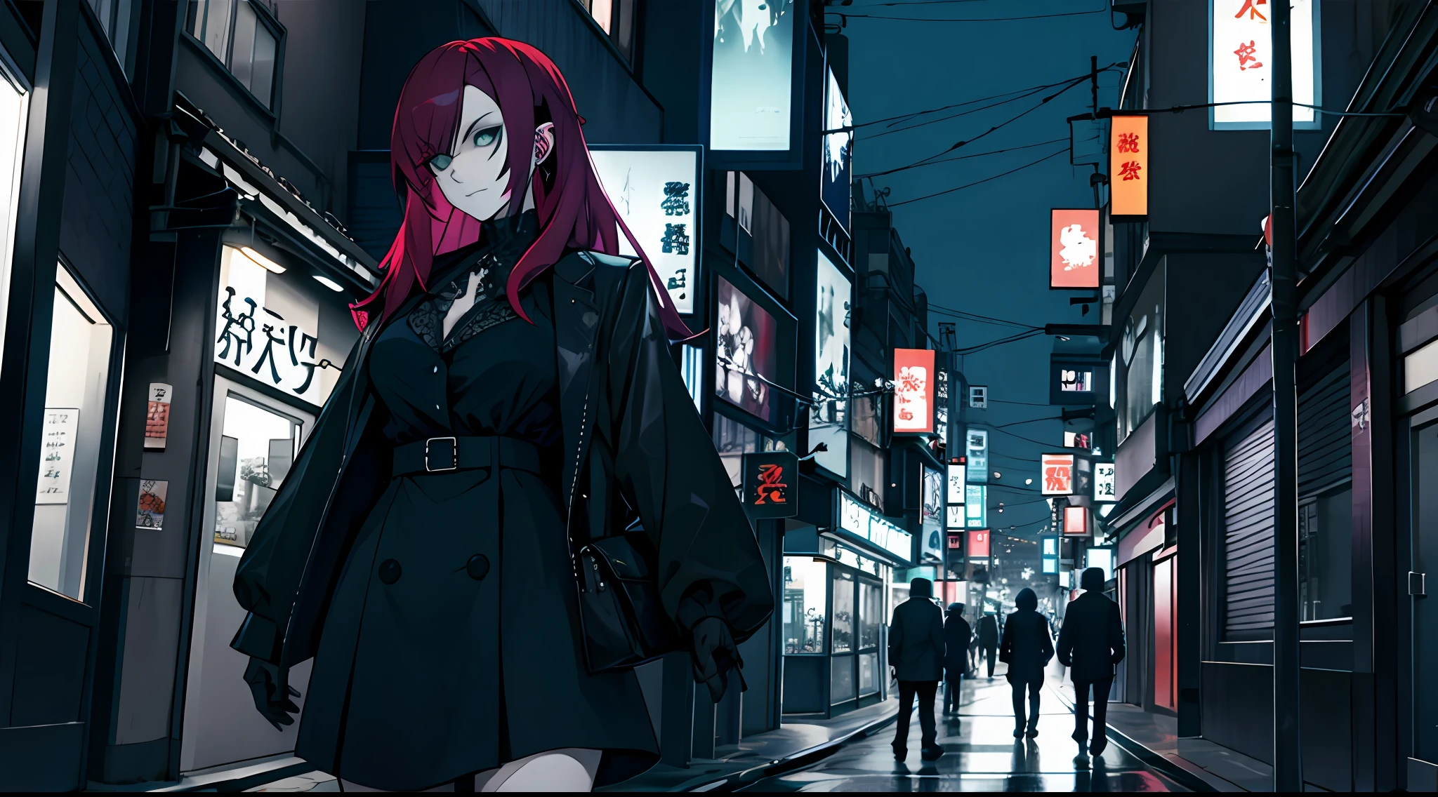 a modern urban gothic woman vampire in Shibuya night