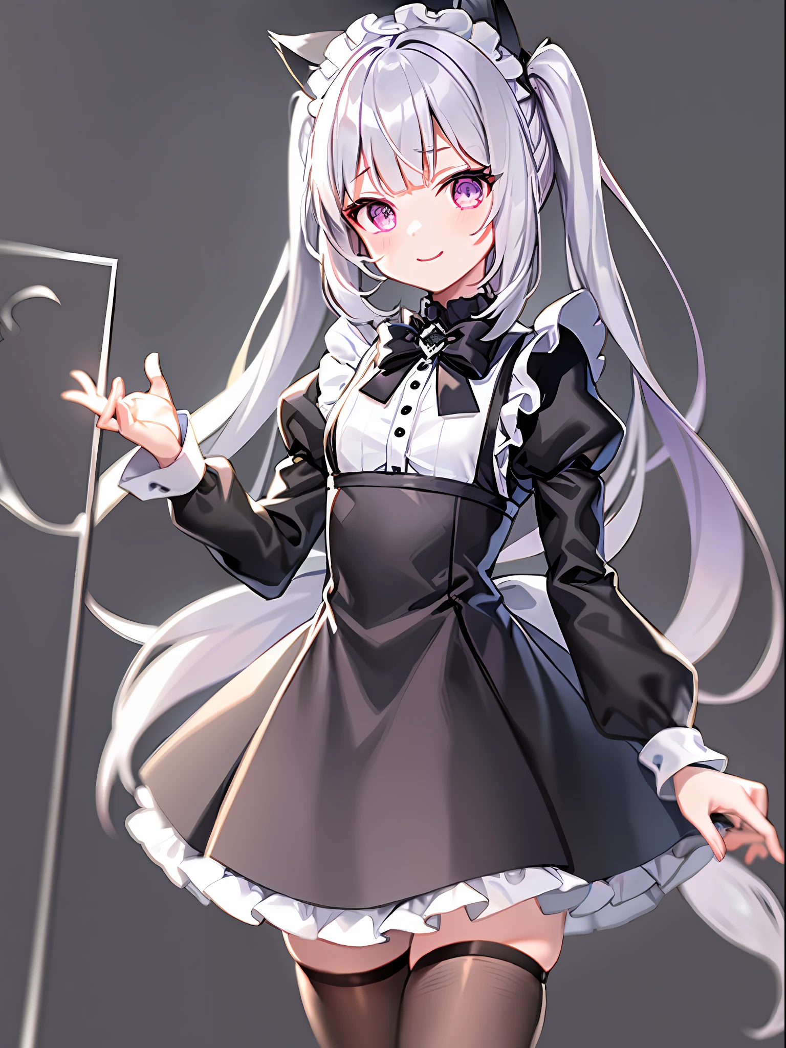 Simple white background, anime style, solo, smiling, girl, (silver twin tails, silver hanging bangs), (black cat ears), (purple eyes), ((simple maid clothes)), (black tights), (((small))),negative prompt: low quality, worst quality, out of focus, bad fingers, hands mutated, decoration Step: 40, Sampler: Euler a, CFG Scale: 7, Seed: 957789641, Size: 800x600, Model hash: abcaf14e5a, Model: anything-v3-full, Version: v1.3.2