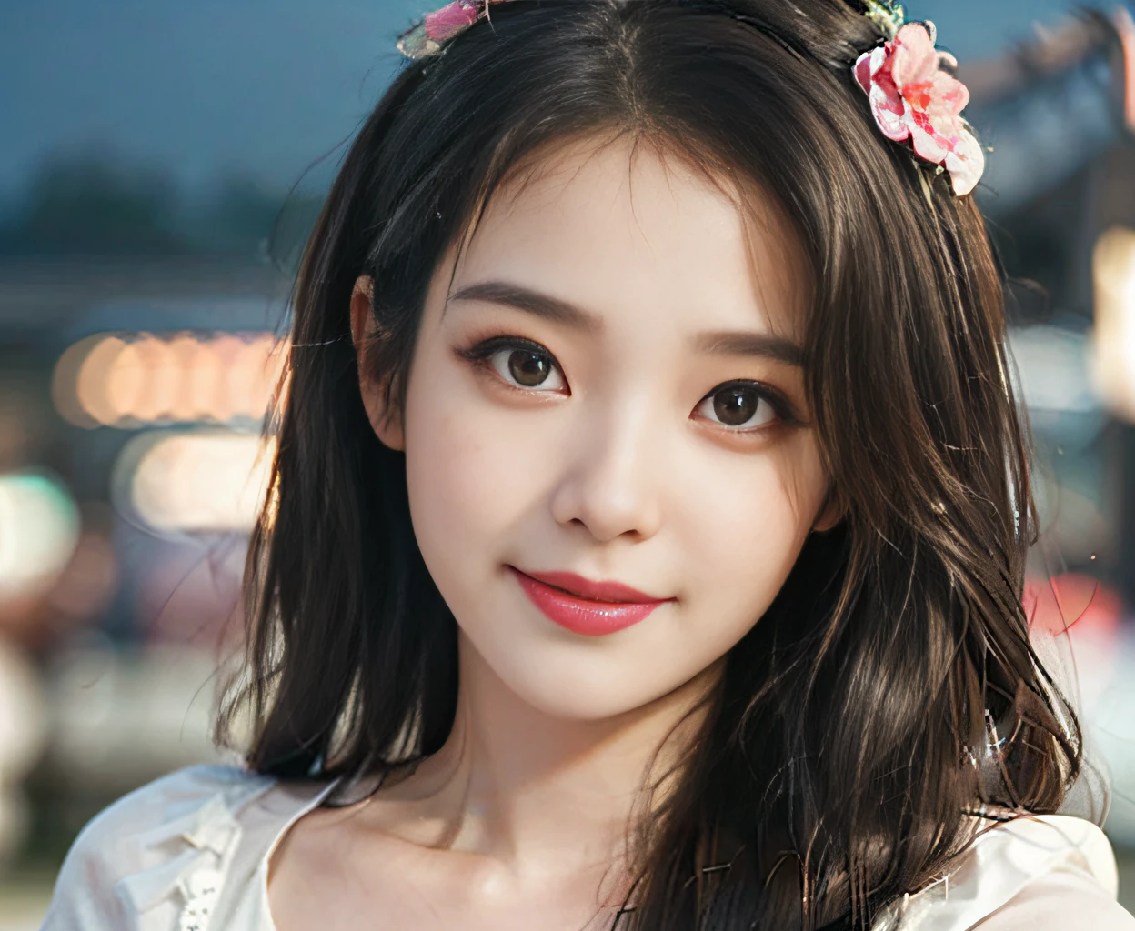 1girl, solo,mix4, (realistic:1.1), (photorealistic:1.1), (masterpiece:1.1), (best quality:1.1), ultra detailed, looking at viewer, smile,sweet_ta,standing , natural lighting, depth of field, (pureerosface_v1:0.8), amusement park in the background,(night), ,