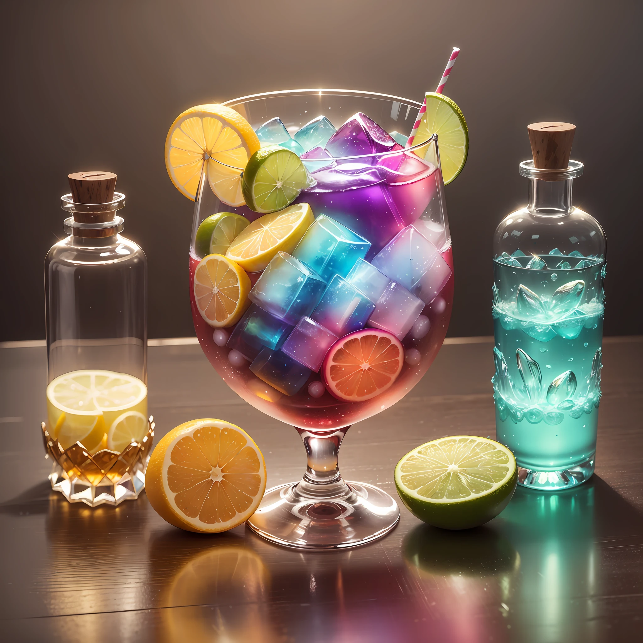** The small cocktail bottle is made of clear glass, which allows the bright colors of the ice to shine through. The glass itself is smooth and transparent** -