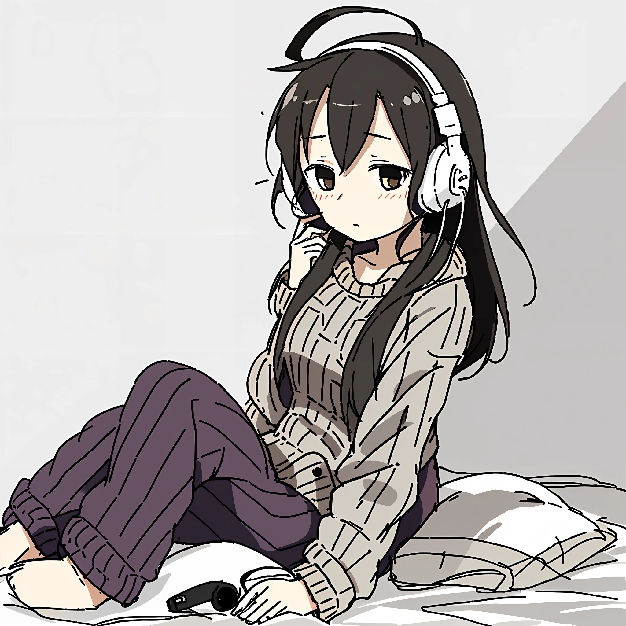 Sketch, Yu Chikusui\(style\), line art, masterpiece, solid color, tired, a girl with headphones, in pajamas, (oversized_sweater:1.3), colorful oversized_sweater, good hands, best quality, night, dynamic angle, [:( detailed face: 1.2):0.2], ((lying in bed)))
