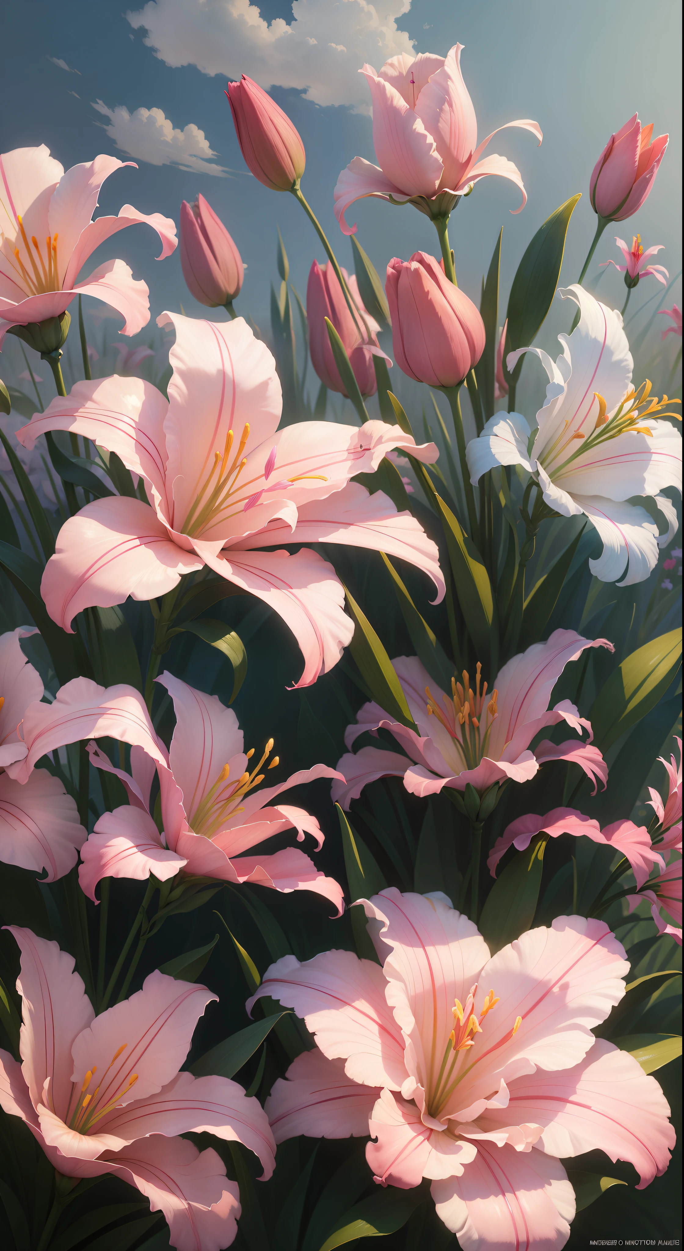 (High resolution: 1.1), Best quality, (Masterpiece: 1.2), Vivid colors, digital painting, pink lilies, natural beauty, blue sky, close-up