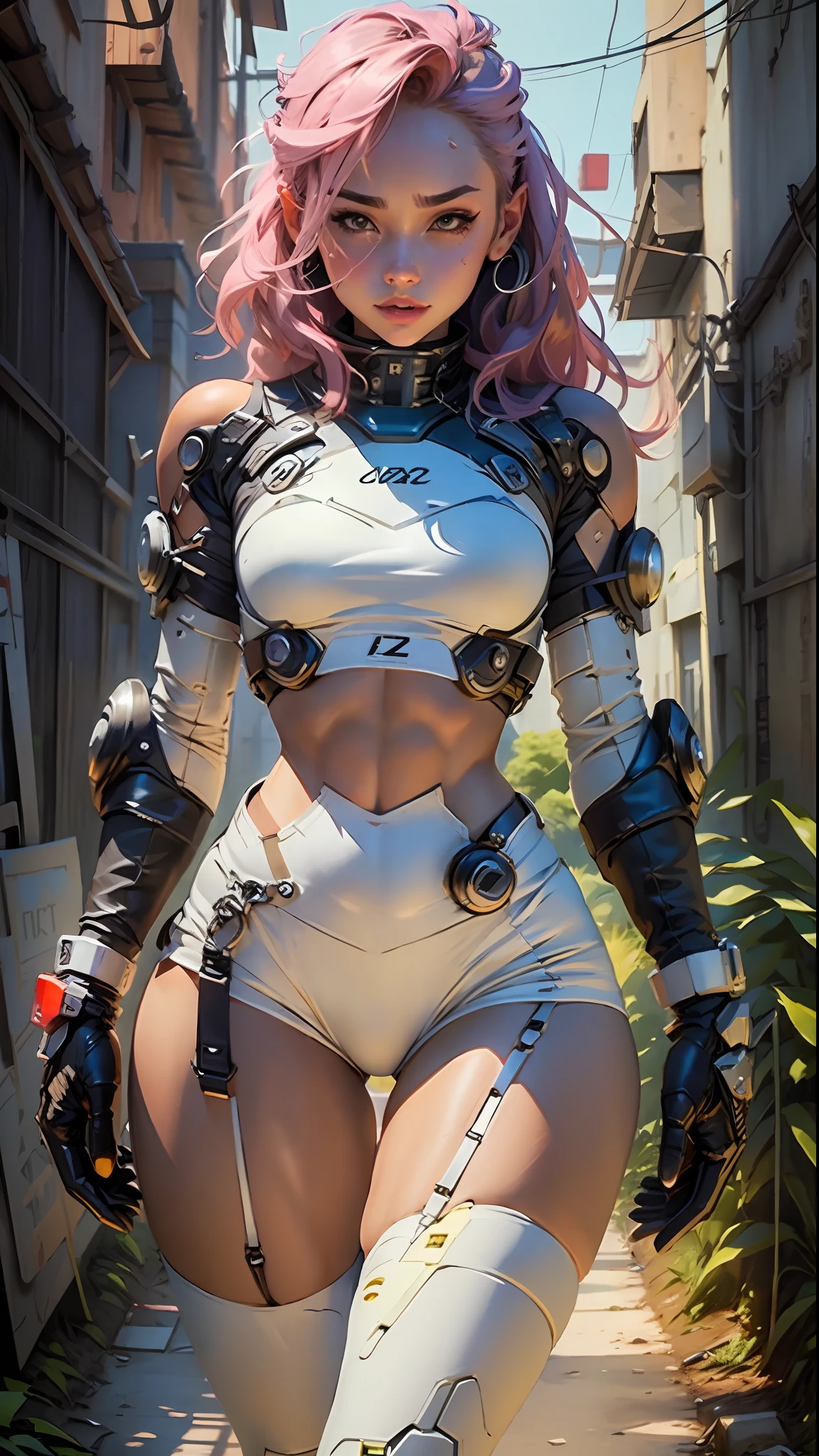 Woman body defined thick thighs cybernetic body parts, short underwear