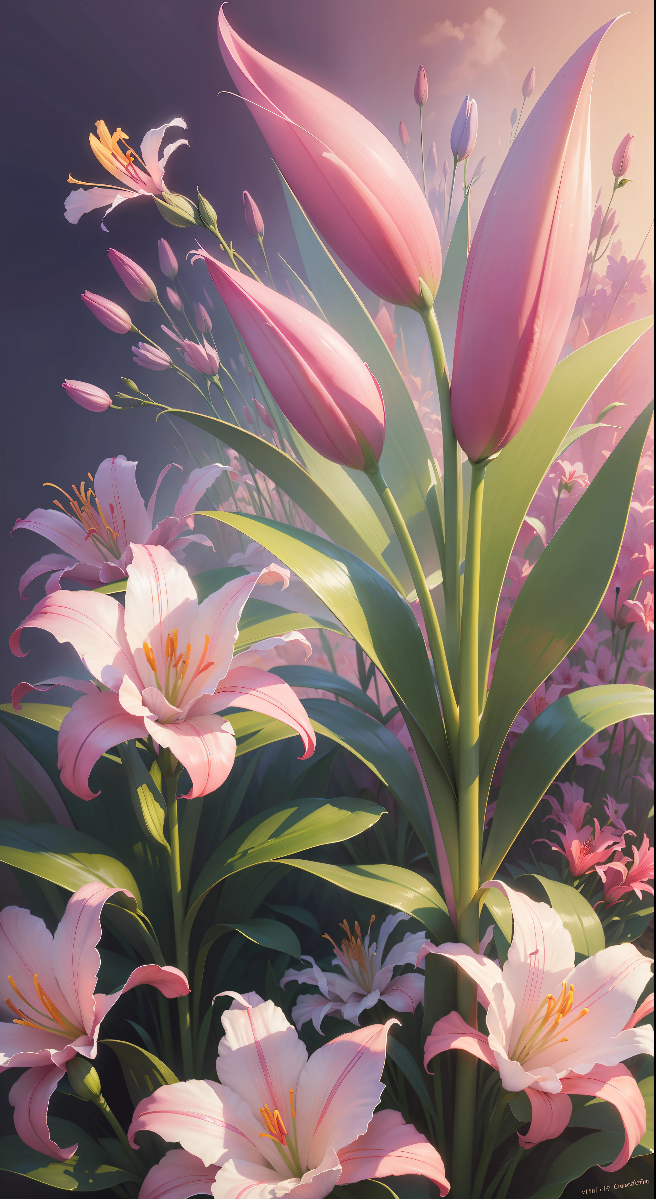 (High resolution: 1.1), Best quality, (Masterpiece: 1.2), Vivid colors, digital painting, pink lilies, natural beauty, blue sky, close-up