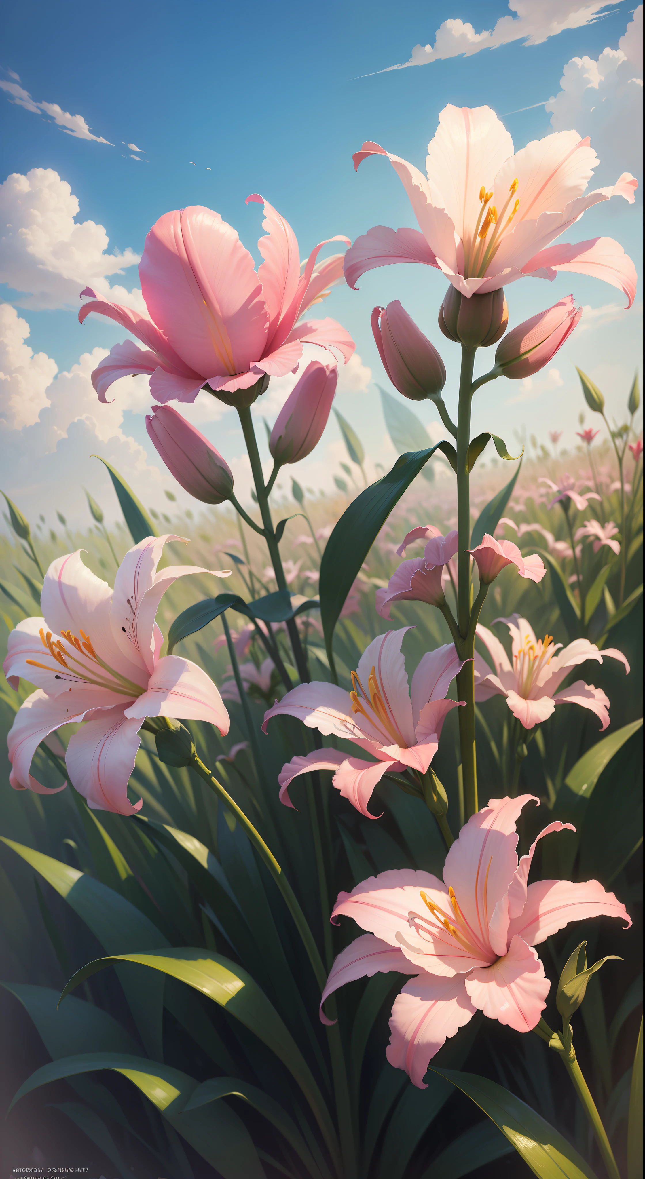 (High resolution: 1.1), Best quality, (Masterpiece: 1.2), Vivid colors, digital painting, pink lilies, natural beauty, blue sky, close-up