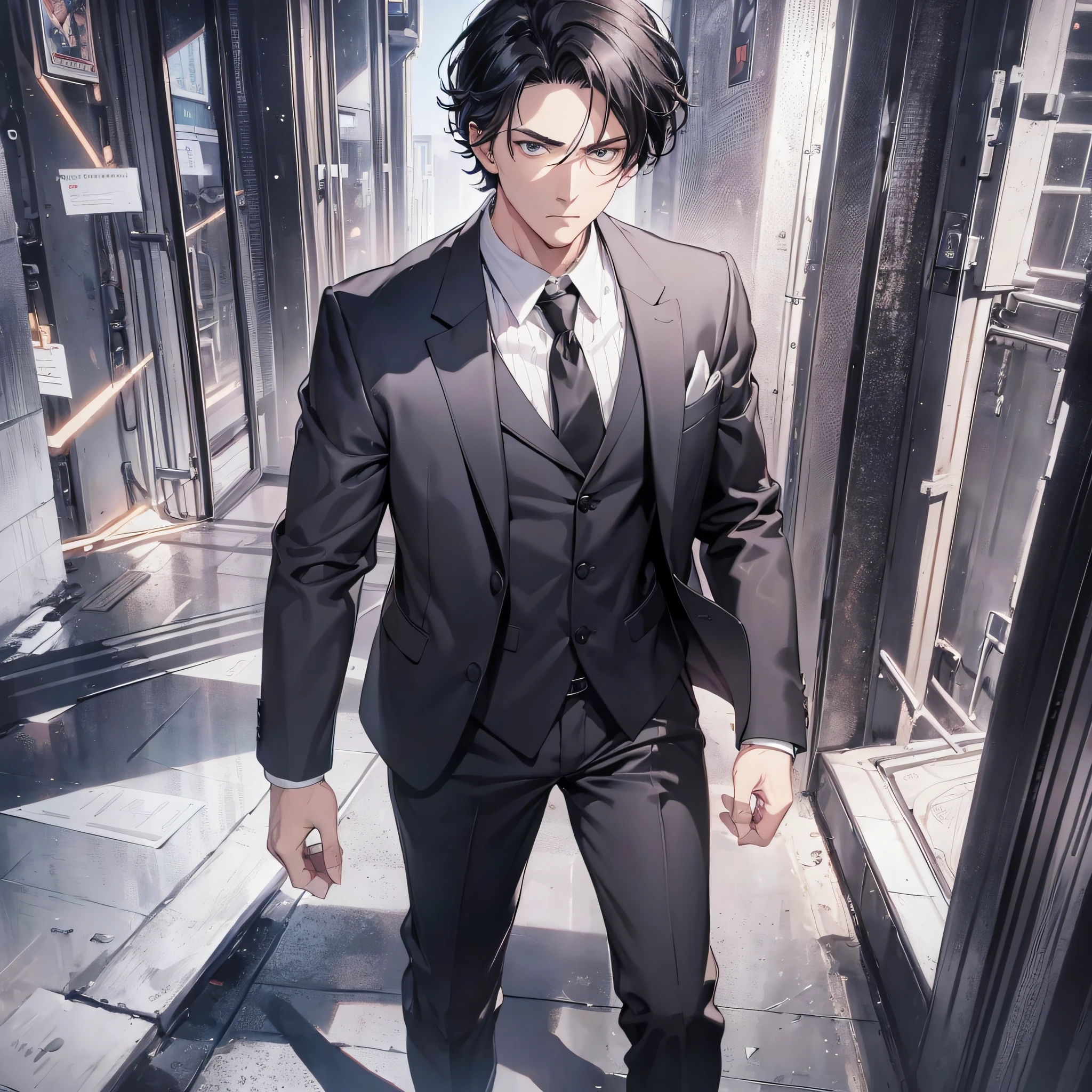 A thirty-year-old middle-aged man in a black suit with short black hair in the office (expression scowl 1.5) (best quality: 1.1) (long view 1.5) full body display 1.5 (overlook view 1.5) (masterpiece: 1.3) with unparalleled masterpiece, surreal 8K, perfect artwork, super detail, best quality, masterpiece 4K wallpaper aesthetics, masterpiece, award-winning artwork, official art, movie lighting (handsome young man 1.5) (handsome guy 1.5) (vicissitudes 1.3)
