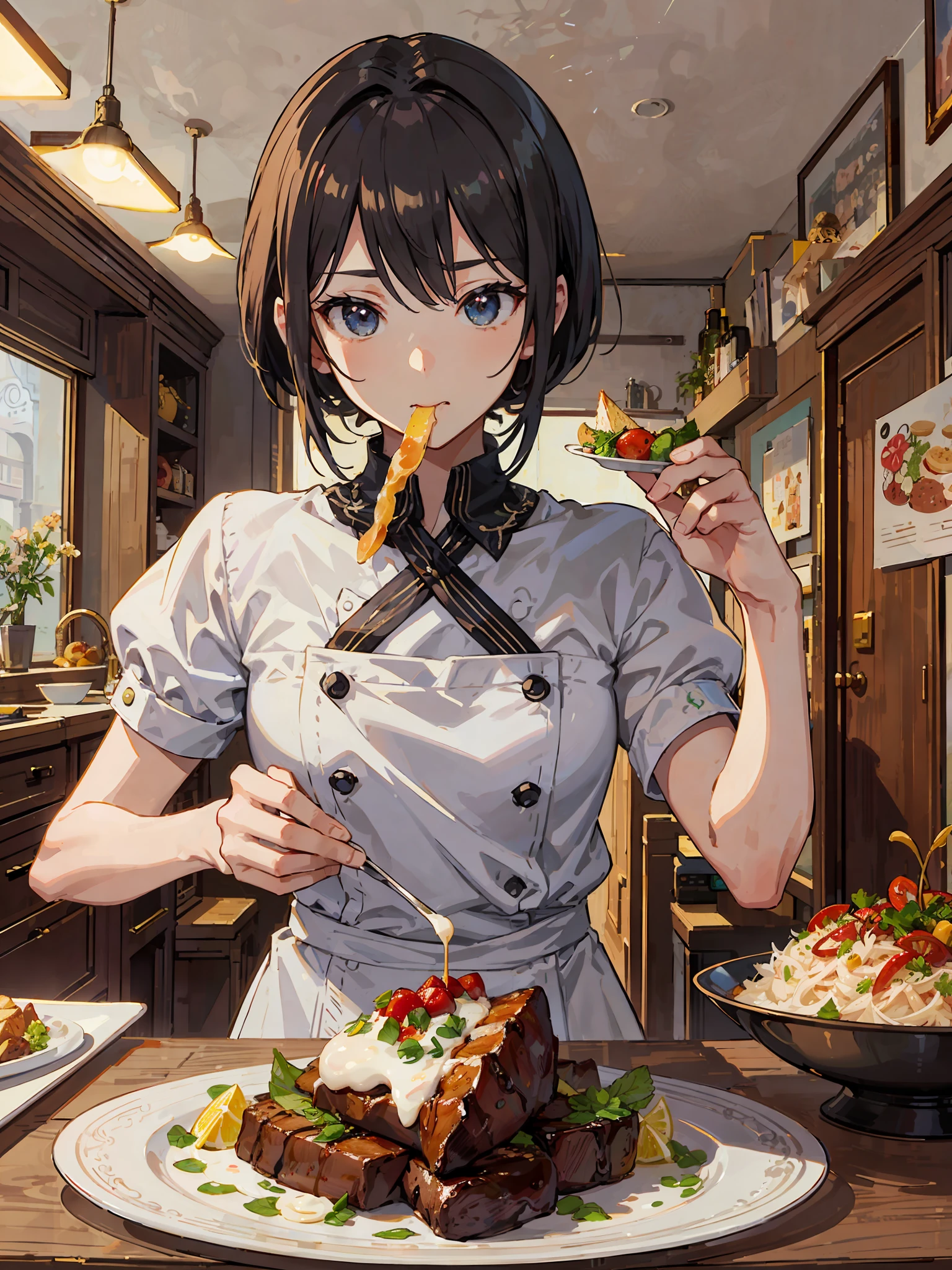((anime style+food), best illustration, delicate, detailed, high resolution, dynamic angle, colorful dishes,juicy, delicious, elaborate presentation, a mouth-watering feast, culinary art, master chef's creation,craving for more)