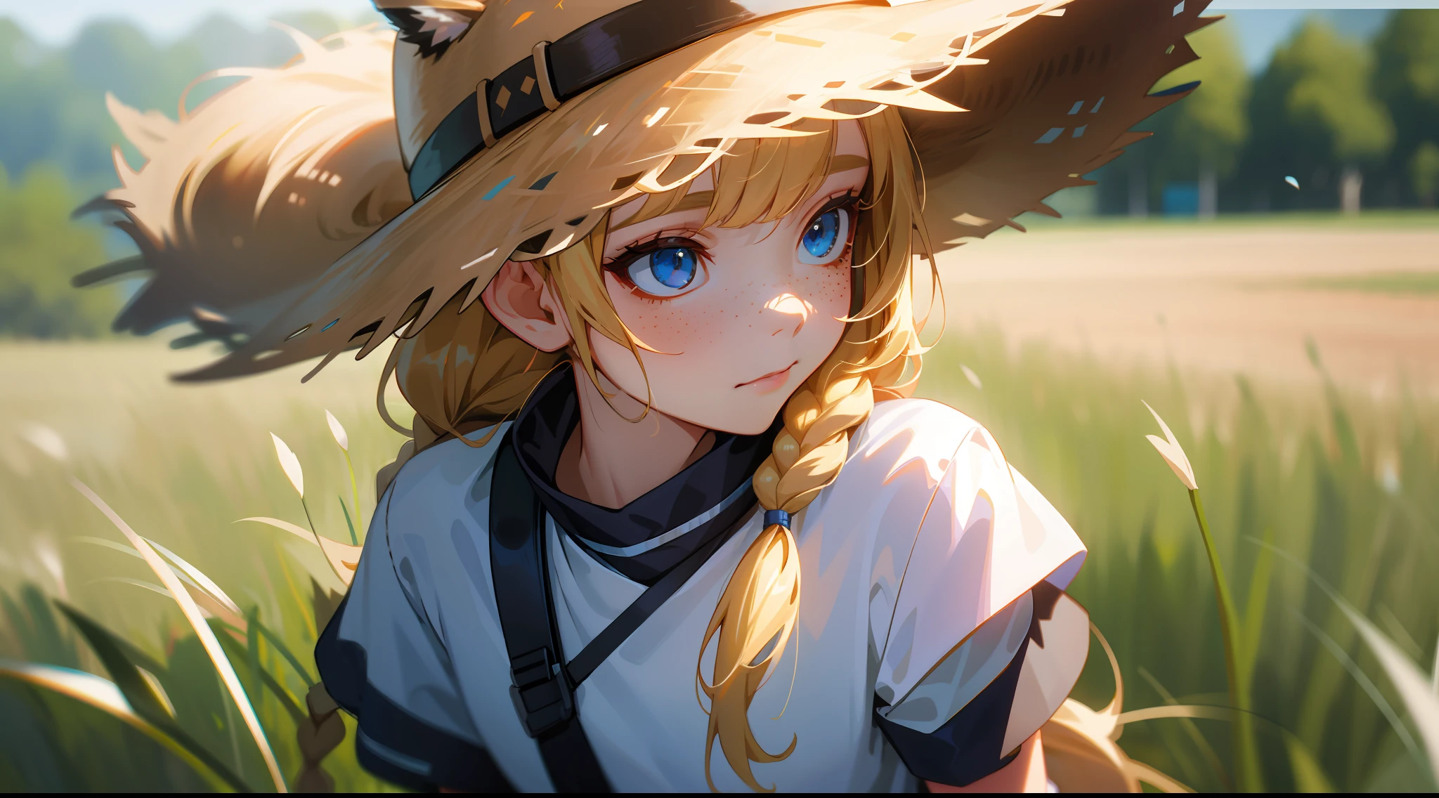 cowboy shot, upper body, far view, panorama, wide angle lens, depth of field, perspective, movie angle, arms behind back, masterpiece, best quality, super detailed, CG, 8K wallpaper, pretty face, delicate eyes, a girl, solo, braids, blue eyes, looking at the audience, shirt, outdoors, double braid, blur, blonde, hat, blurred background, white shirt, short sleeves, days, freckles, closed mouth, bangs, long hair, skirt, realistic, animal ears, Hair on the shoulders, depth of field, beanie, eyelashes, grass, animal cap, cowboy shot