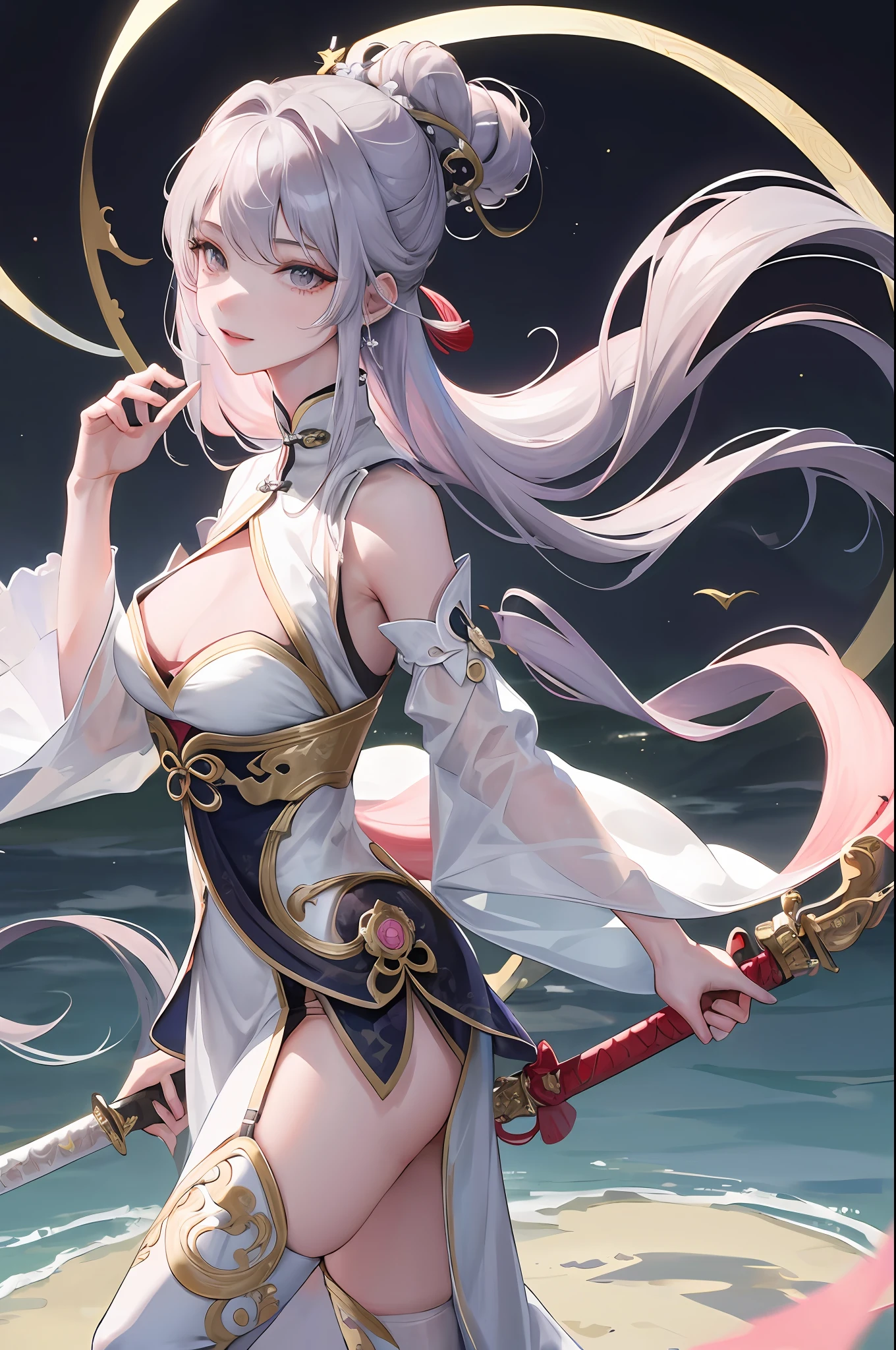 Masterpiece, Superb Product, Night, Full Moon, 1 Woman, Mature Woman, Chinese Style, Ancient China, Sister, Royal Sister, Cold Face, Expressionless, Silver-White Long-Haired Woman, Coiled Hair, Ball Head, Long Hair, Light Pink Lips, Calm, Intellectual, Three Bangs, Gray Eyes, Assassin, Long Sword, Smiling Rivers and Lakes, Battle, Scenery Walking on the Street,