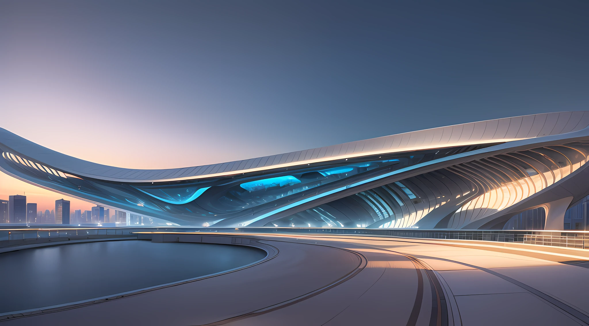 best quality, masterpiece, top view, people, clear sky, sunset or dawn, downtown, zaha hadid, curve, flow, high-tech, medical laboratory, streamlined architecture, road, modern, curved, --auto --s2