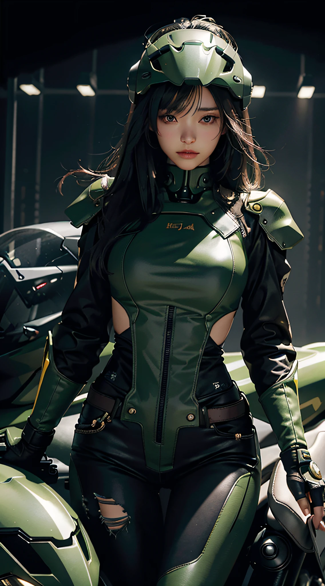 Highest quality, outstanding details, ultra-high resolution, (realism: 1.4), best illustrations, favor details, highly condensed 1girl, with a delicate and beautiful face, dressed in a black and green mecha, (torn clothes), wearing a mecha helmet, holding a direction controller, riding on a motorcycle, the background is a high-tech lighting scene of the future city.