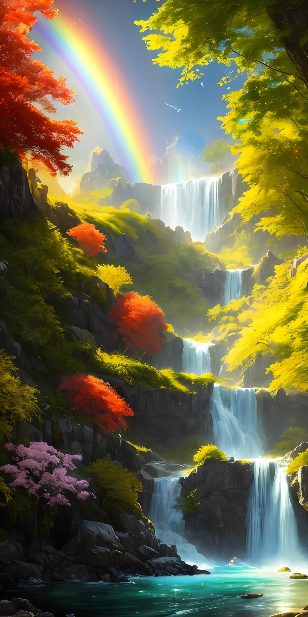 analog style,ChromaV5,nvinkpunk,(extremely detailed CG unity 8k wallpaper),A Illustration of a bright and majestic waterfall cascading down a rocky cliff, illuminated by the shining sun, The water sparkles as it falls, casting a rainbow of colors, the surrounding landscape is lush and verdant, with tall trees and wildflowers,award winning photography, Chromatic Aberration; Geometric Shapes; Bokeh, Depth of Field, Photorealistic, Detailed, Bloom, HDR , oil painting by John Singer Sargent, Frederic Church, and Thomas Moran,trending on ArtStation, trending on CGSociety, art by midjourney