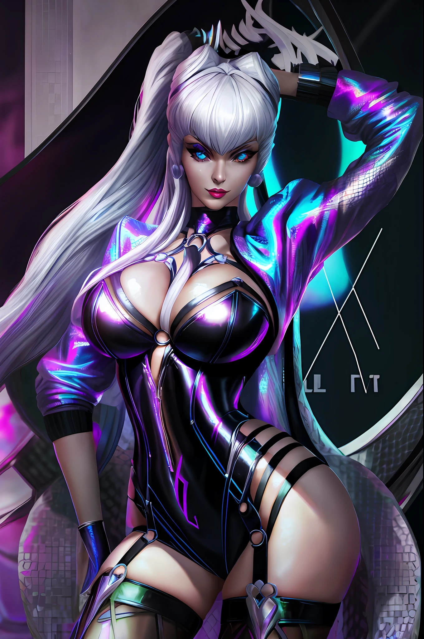 k/da evelynn, ALL OUT \(leagueOfLegends\), 1 woman, sexy killer woman with silvery-white hair in lingerie, huge breasts, stockings, thighs and blue jacket, with a plunging neckline, very detailed, very detailed