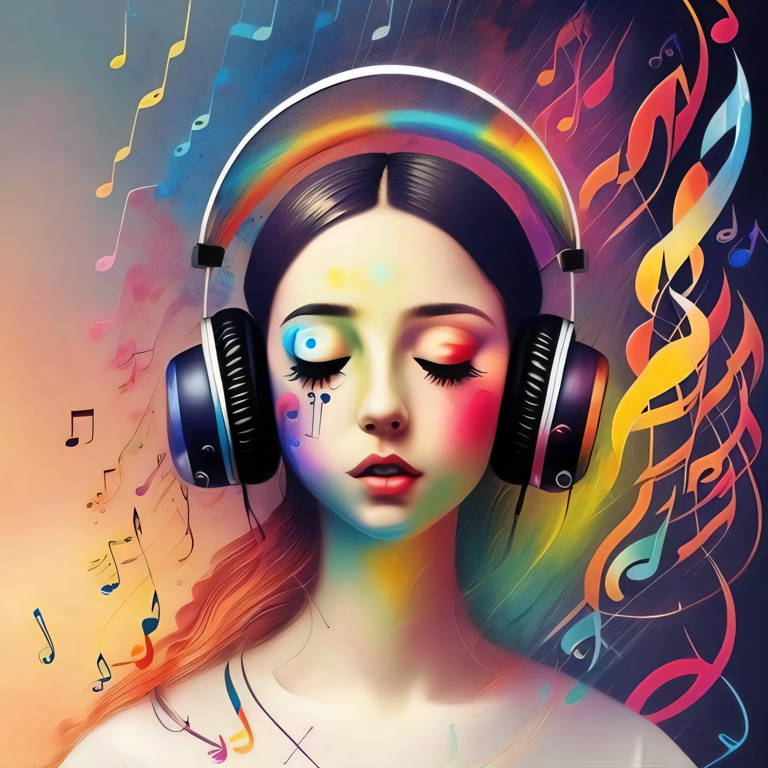 a painting of a girl with headphones and music notes, rainbowshift, Synesthesia