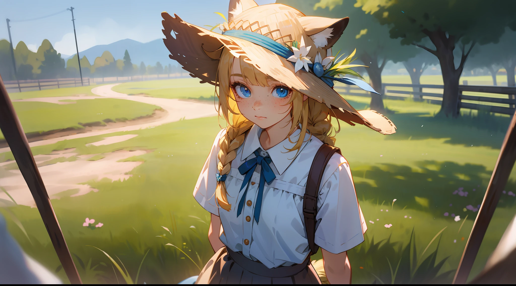 cowboy shot, upper body, far view, panorama, wide angle lens, depth of field, perspective, movie angle, arms behind back, masterpiece, best quality, super detailed, CG, 8K wallpaper, pretty face, delicate eyes, a girl, solo, braids, blue eyes, looking at the audience, shirt, outdoors, double braid, blur, blonde, hat, blurred background, white shirt, short sleeves, days, freckles, closed mouth, bangs, long hair, skirt, realistic, animal ears, Hair on the shoulders, depth of field, beanie, eyelashes, grass, animal cap, cowboy shot