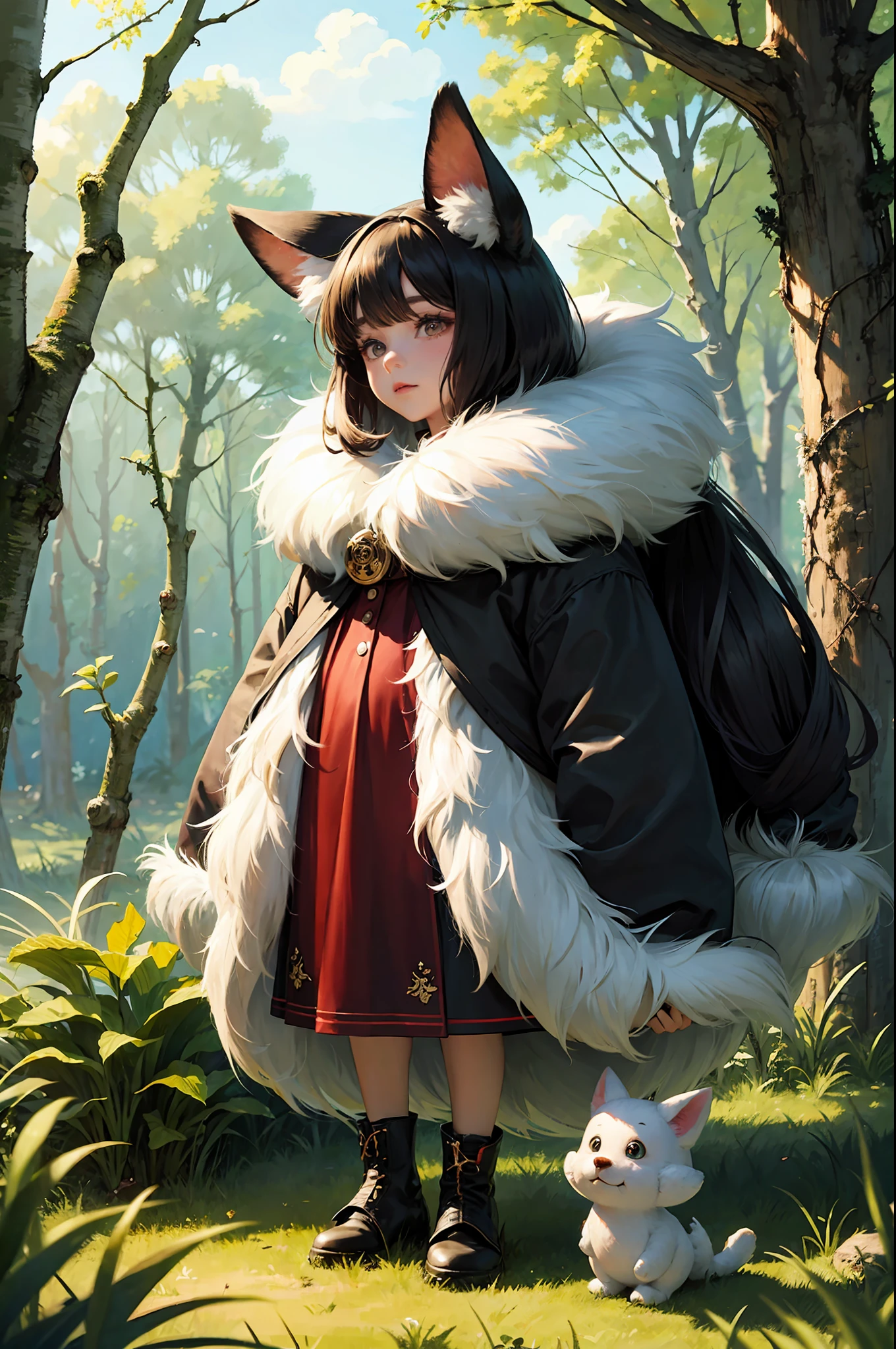 very fluffy, soft coat, a lot of texture, Small anthropomorphic creature, toy design, mixed media sewn toy, doll, funny funny creature with big eyes and big ears, Snuslick walks through the forest in thick grass, like a macro photo, like an illustration for a children's book, very cute, very warm atmosphere of the drawing, super detailed, a lot of details, very detailed clothes, you can see every seam on the clothes