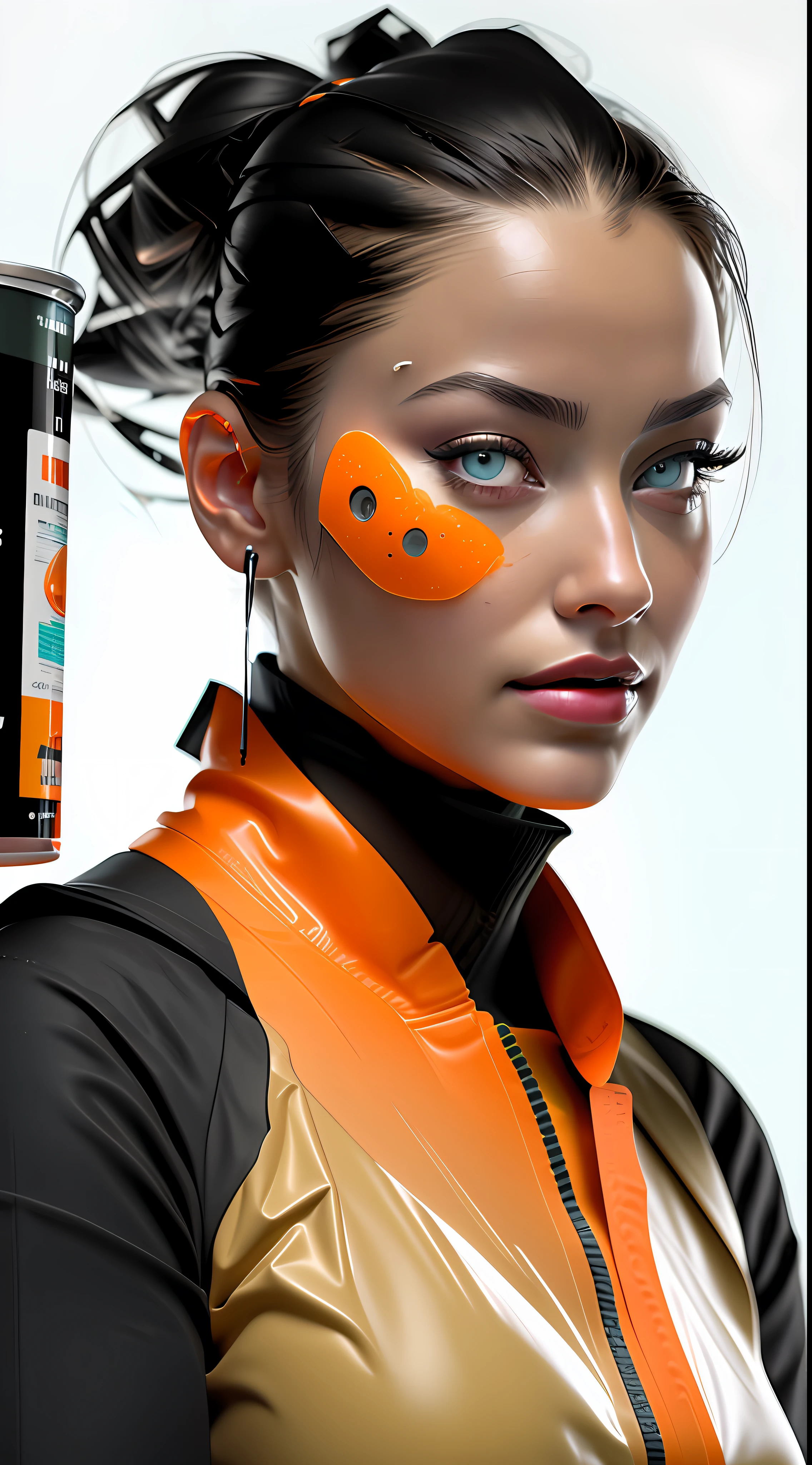 Best quality, realistic, award-winning illustration, (complicated detail: 1.2), (fine detail), (complicated detail), (cinematic lights, best quality), sharp lines, sharp focus, official art, 16k, ultra detailed complex 3d rendering of a beautiful porcelain profile woman android face, cyborg, robotic parts, wearing black and orange cap, splash graphite background, splash dulce de leche, (holding a can of candy: 1.3), anatomical, facial muscles, electrical cables, microchip, wearing black apron with orange, wearing jeans, octane rendering, H. R. Giger style, studio photography, 16k, white background.