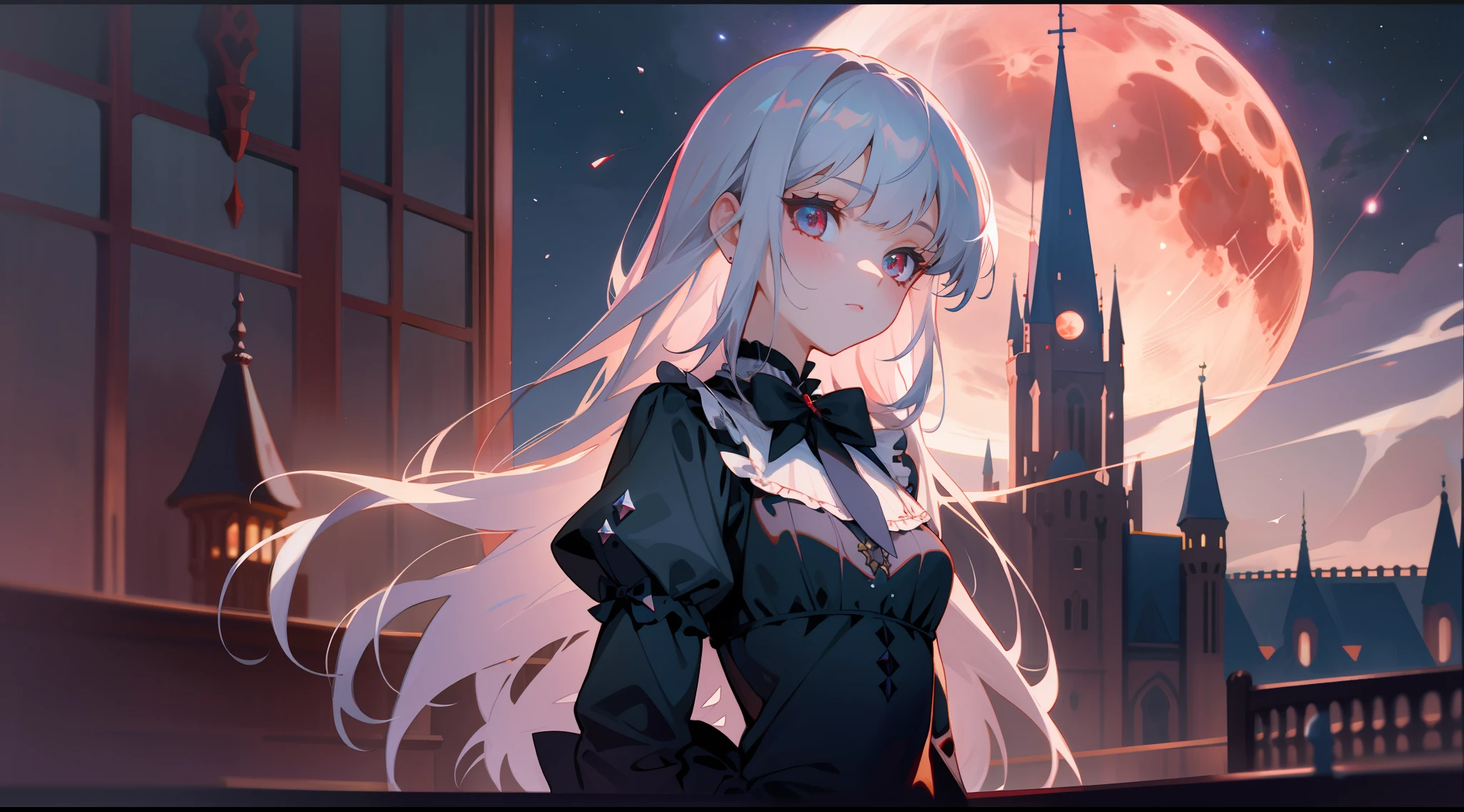 cowboy shot, upper body, far view, panorama, wide angle lens, depth of field, perspective, cinematic angle, arms behind back, masterpiece, best quality, super detailed, CG, 8K wallpaper, pretty face, delicate eyes, a girl, solo, princess, silver hair, red eye, victorian style, black evening dress, bow, magic, castle, blood moon, night, darkness, gothic architecture, starry sky, mysterious, fantastical, dreamy, whimsical, cowboy shot