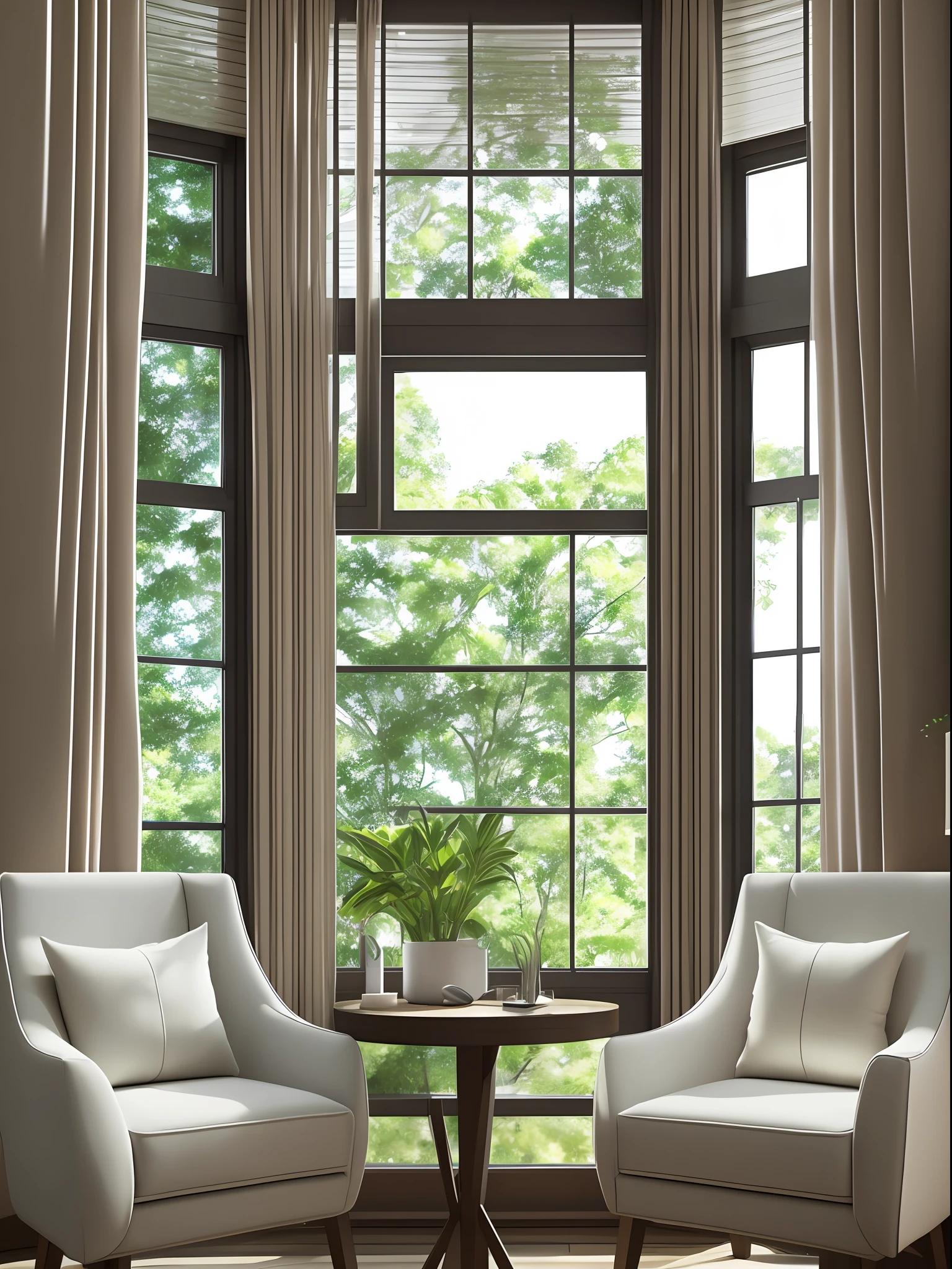 In front of the window there is a table with backrest computer chairs, embellished with greenery, realistic afternoon lighting, realistic soft lighting, volumetric natural light, rendered in V-Ray, daylight made with a blender, rendered in POV-ray, anime. Soft lighting, rendered in 3 DSMAX, detailed natural lighting, atmospheric rendering, soft natural volume lighting, realistic rooms, painted line drawings --auto --s2