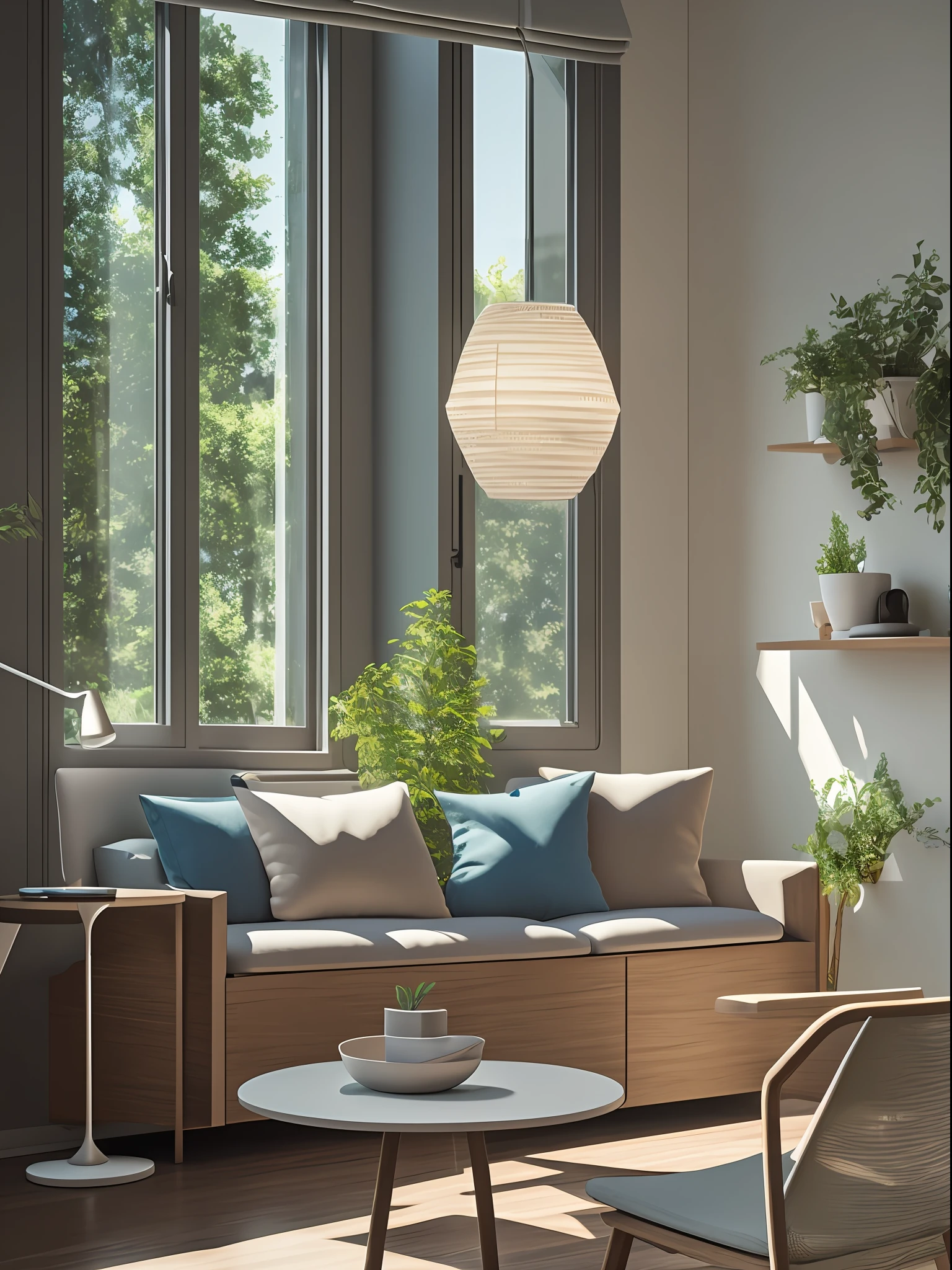 In front of the window there is a table with backrest computer chairs, embellished with greenery, realistic afternoon lighting, realistic soft lighting, volumetric natural light, rendered in V-Ray, daylight made with a blender, rendered in POV-ray, anime. Soft lighting, rendered in 3 DSMAX, detailed natural lighting, atmospheric rendering, soft natural volume lighting, realistic rooms, painted line drawings --auto --s2