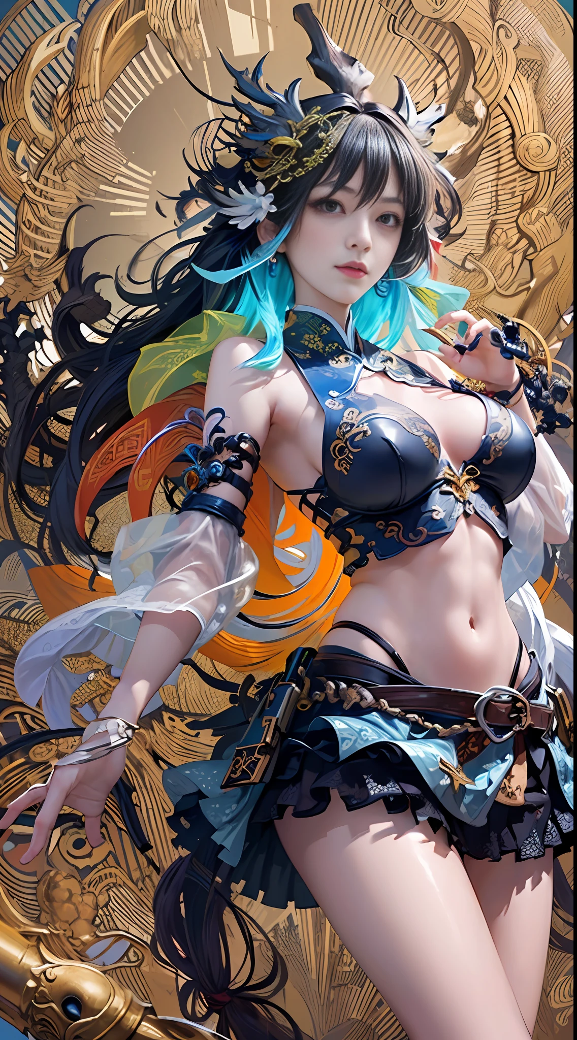 Official Art, Unified 8K Wallpapers, Ultra Detailed, Beautiful and Aesthetic, Masterpiece, Best Quality, (Zentangle, Tangle, Entangle), (fractal art: 1.4), (character center: 1.3), 1girl, black hair, Chinese, off-the-shoulders, short skirt, calf, navel, very detailed, dynamic angle, cowboyshot, (most beautiful form of chaos), ethereal, (bright colors), oc, (half: 1.2), china, (thangka flying sky: 1.5), (ribbon: 1.3), (dream: 1.5), (hanfu: 1.5), Chinese dragon, Chinese phoenix, (smile: 0.5), ( Chinese deities),