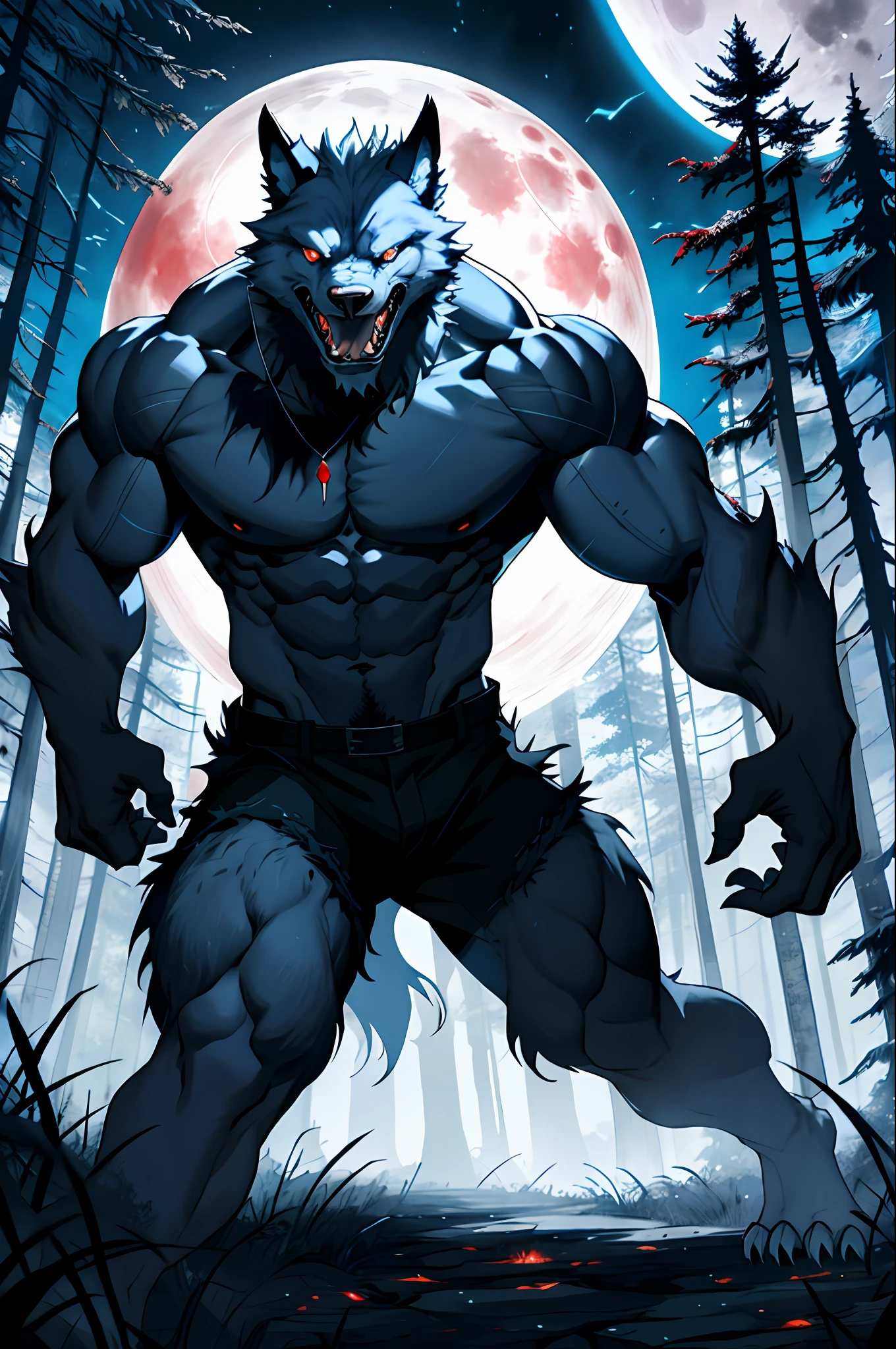 Monstrous white werewolf with fierce face, rage, ferocious, frenesi, mystical forest background, night, red full moon