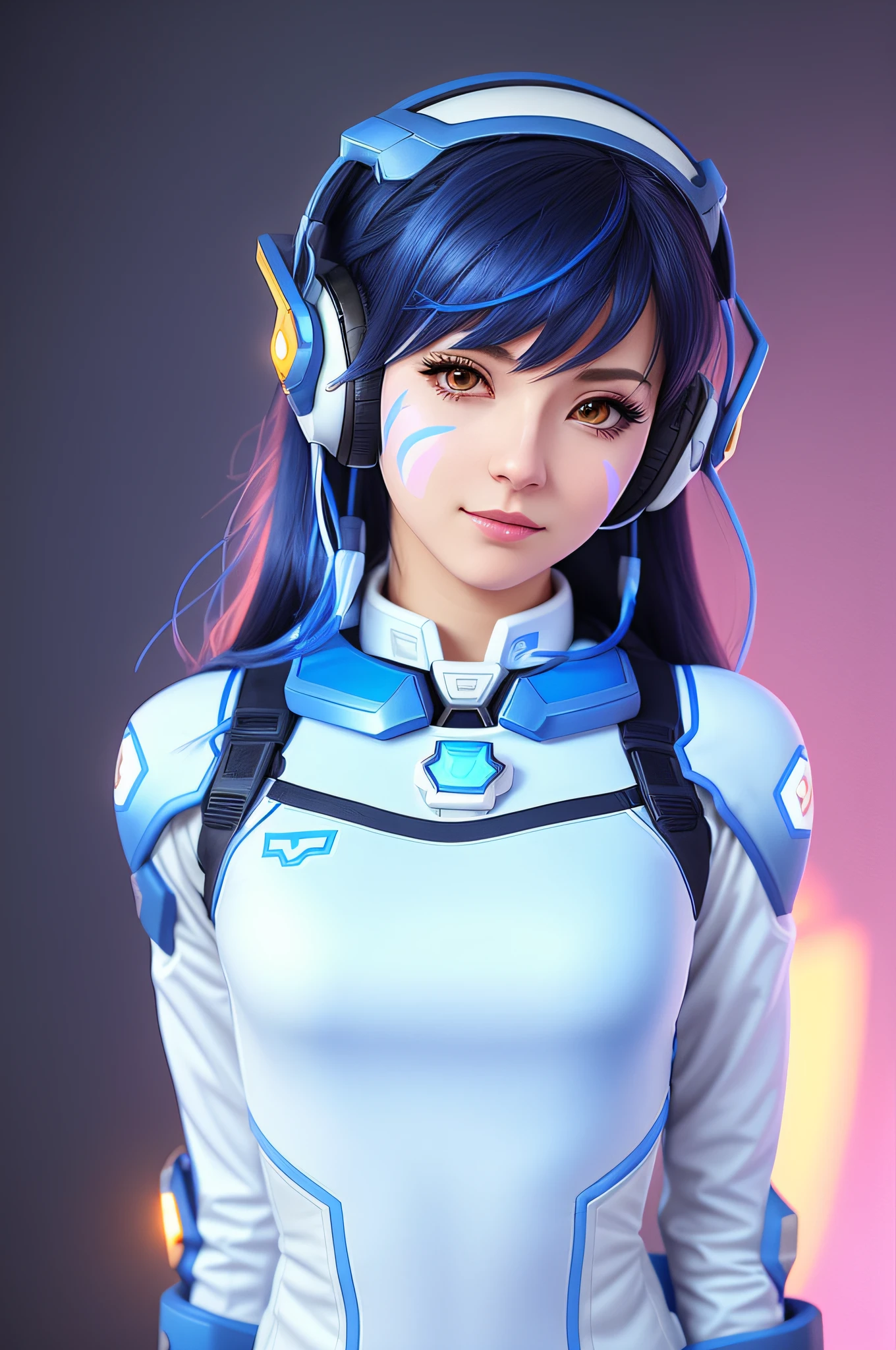 Arad woman in blue and white uniform with headphones, D. VA from Overwatch, Echo from Overwatch, as Overwatch character, Overwatch inspired, from Overwatch, as Overwatch character, Overwatch style, Overwatch fanart, inspired by Leng Mei, portrait anime space cadet girl, Overwatch character, Mei portrait in Overwatch, realistic anime girl rendering, huge bust
