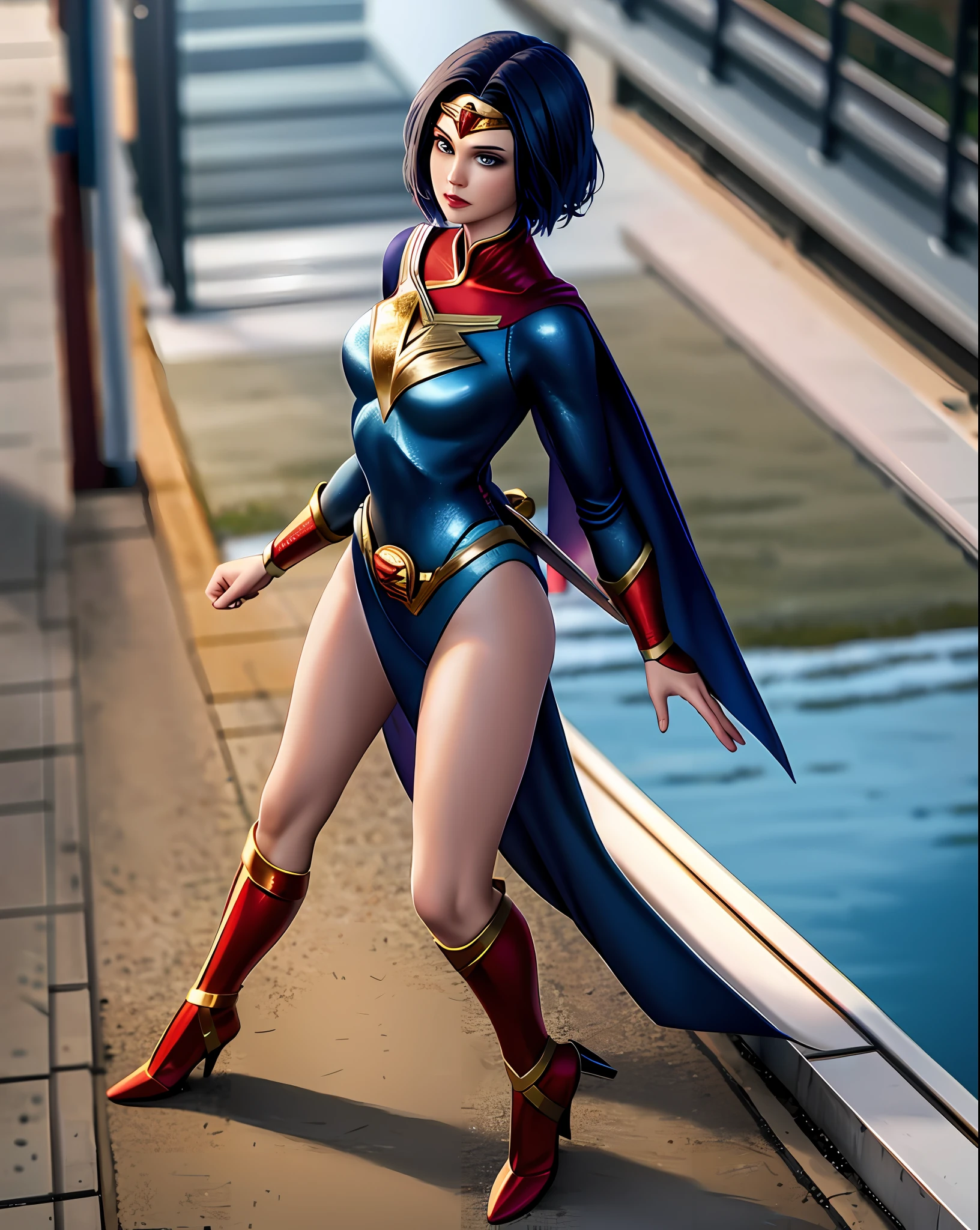 Wonder women(justice league)with short hair, 2D, full body, walk on the road