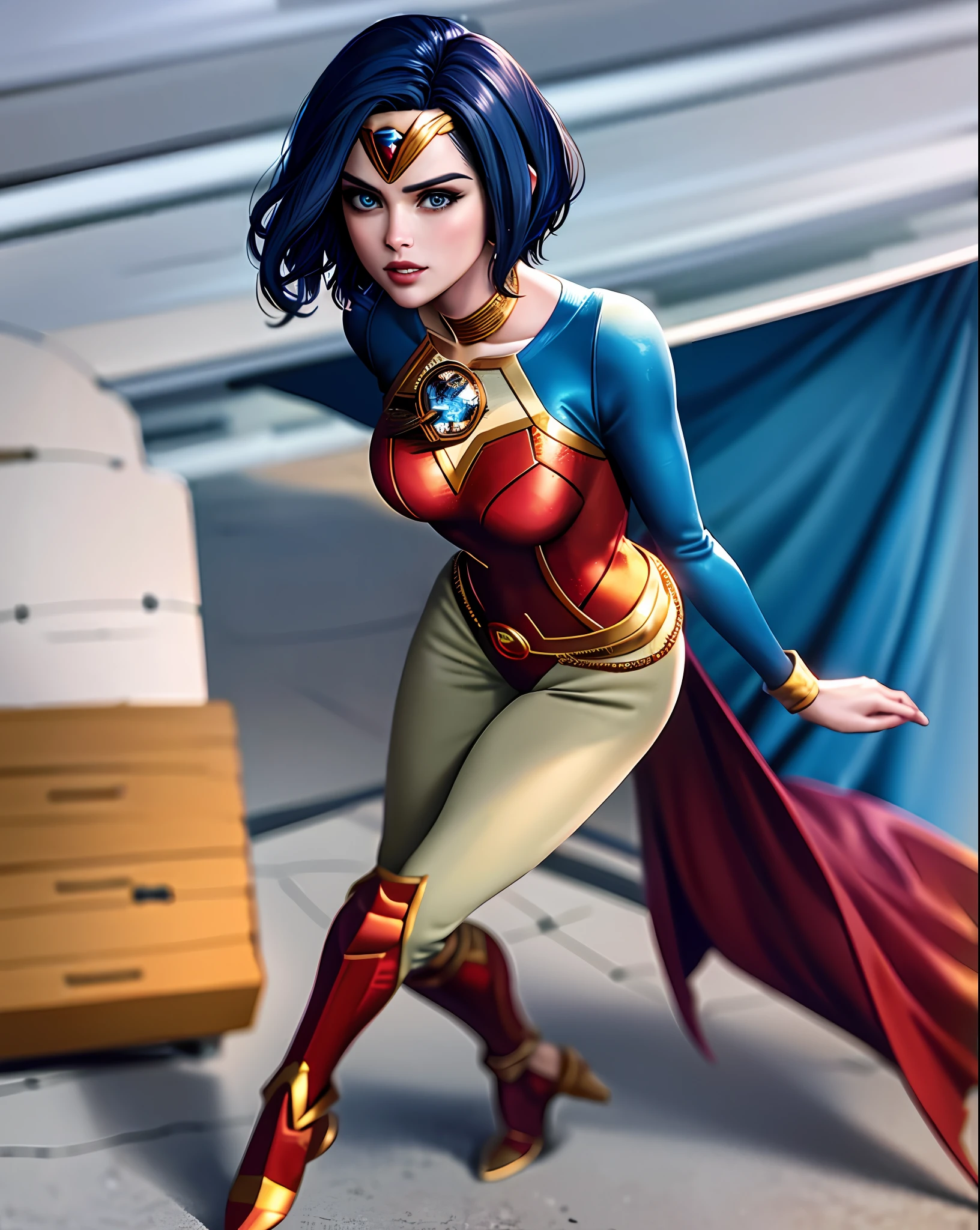Wonder women(justice league)with short hair, 2D, full body, walk on the road