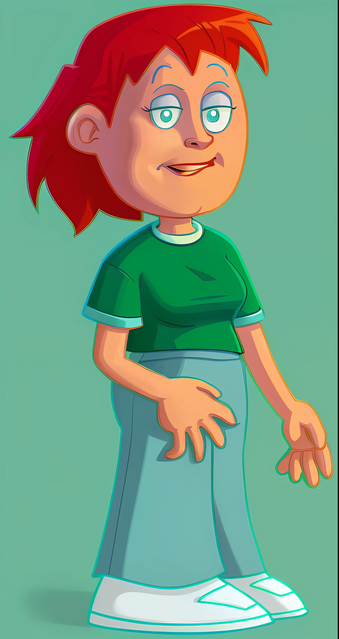 a cartoon boy with a green shirt and blue pants, hand on hip, peggy hill, hand on hips, animation character, 5 fingers). full body, fleshy person with extra limbs, girl standing, upper body avatar, cartoon image, cartoon character, character is standing, digitally colored, simple cartoon style, in cartoon style, character posing, cartoonish cute