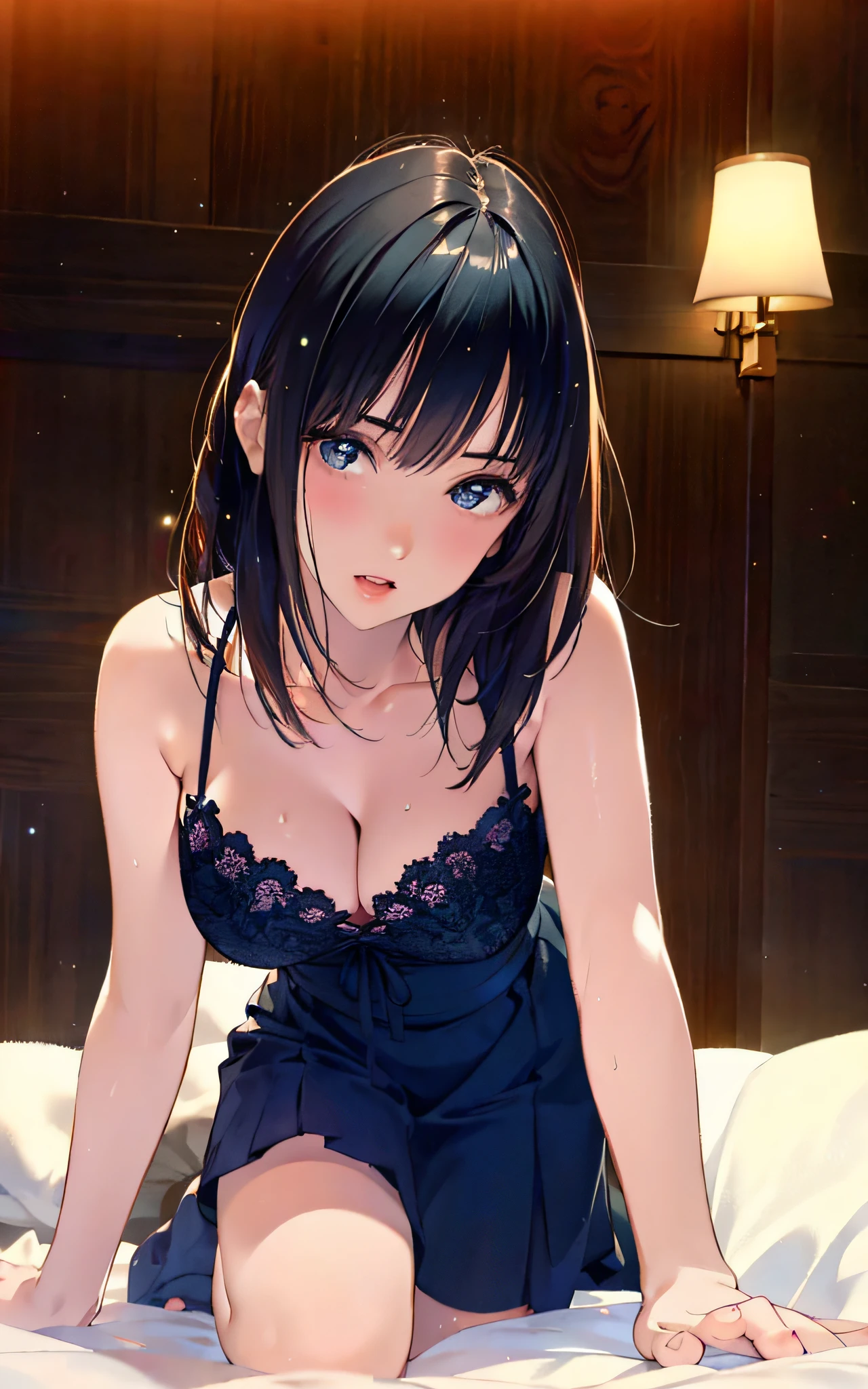 Superb, Ultra High Quality, (Realistic, Photorealistic), Instagram (Photorealistic, High Resolution: 1.4), Beauty, Japan Person, (Beautiful Face: 1.4), (Big, Slender, Constricted Waist), Medium Hair, On Bed, Bokeh, Beautiful Light, Glossy Skin, Small Head, Full Body, Flashy Black Lace Lingerie, Bewitching, Sexy Pose, Solo